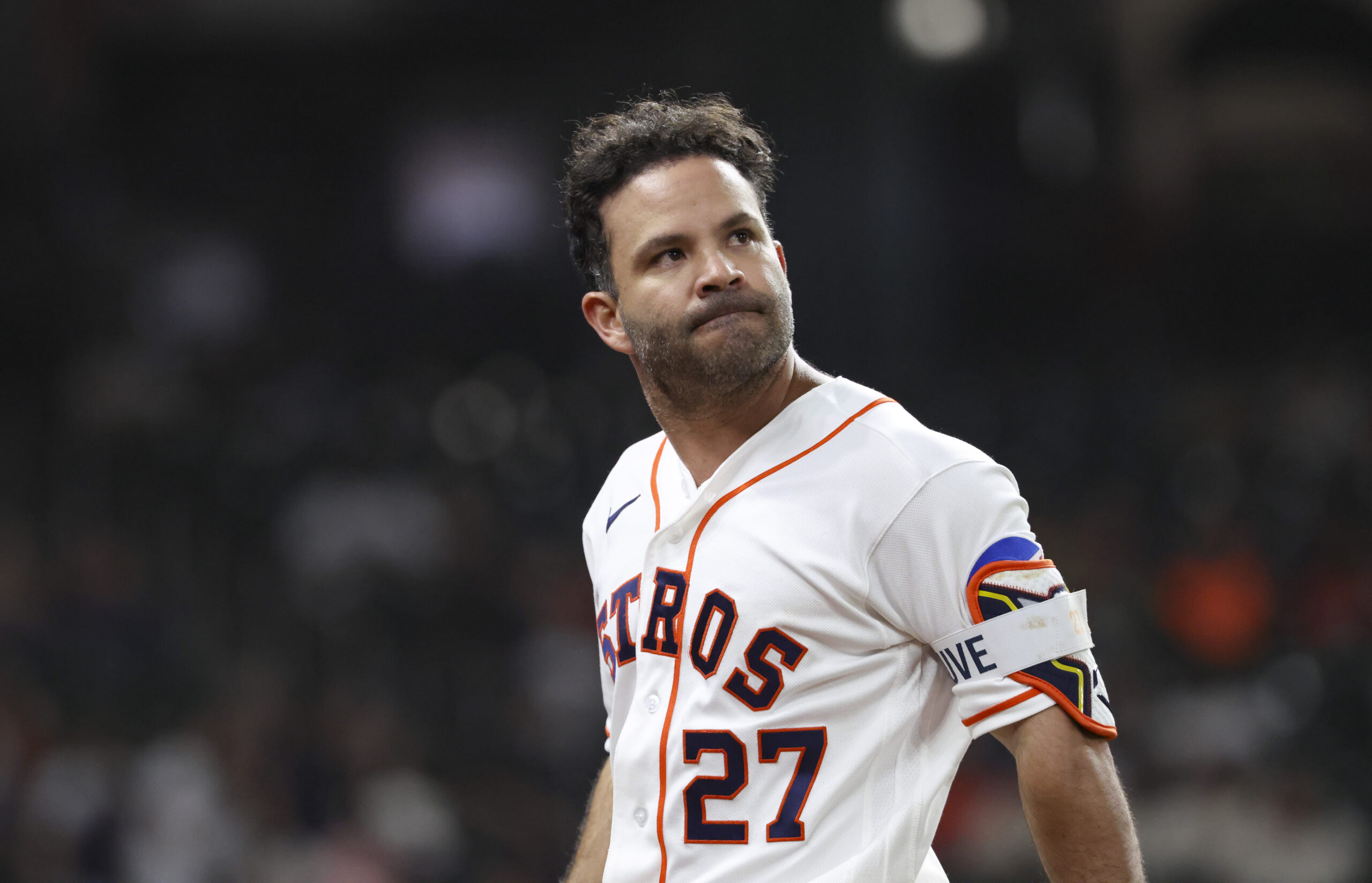 May 12, 2026; Houston, Texas, USA; Houston Astros second baseman Jose Altuve (27) reacts after batting during the eighth inning against the Seattle Mariners at Daikin Park. Mandatory Credit: Troy Taormina-Imagn Images