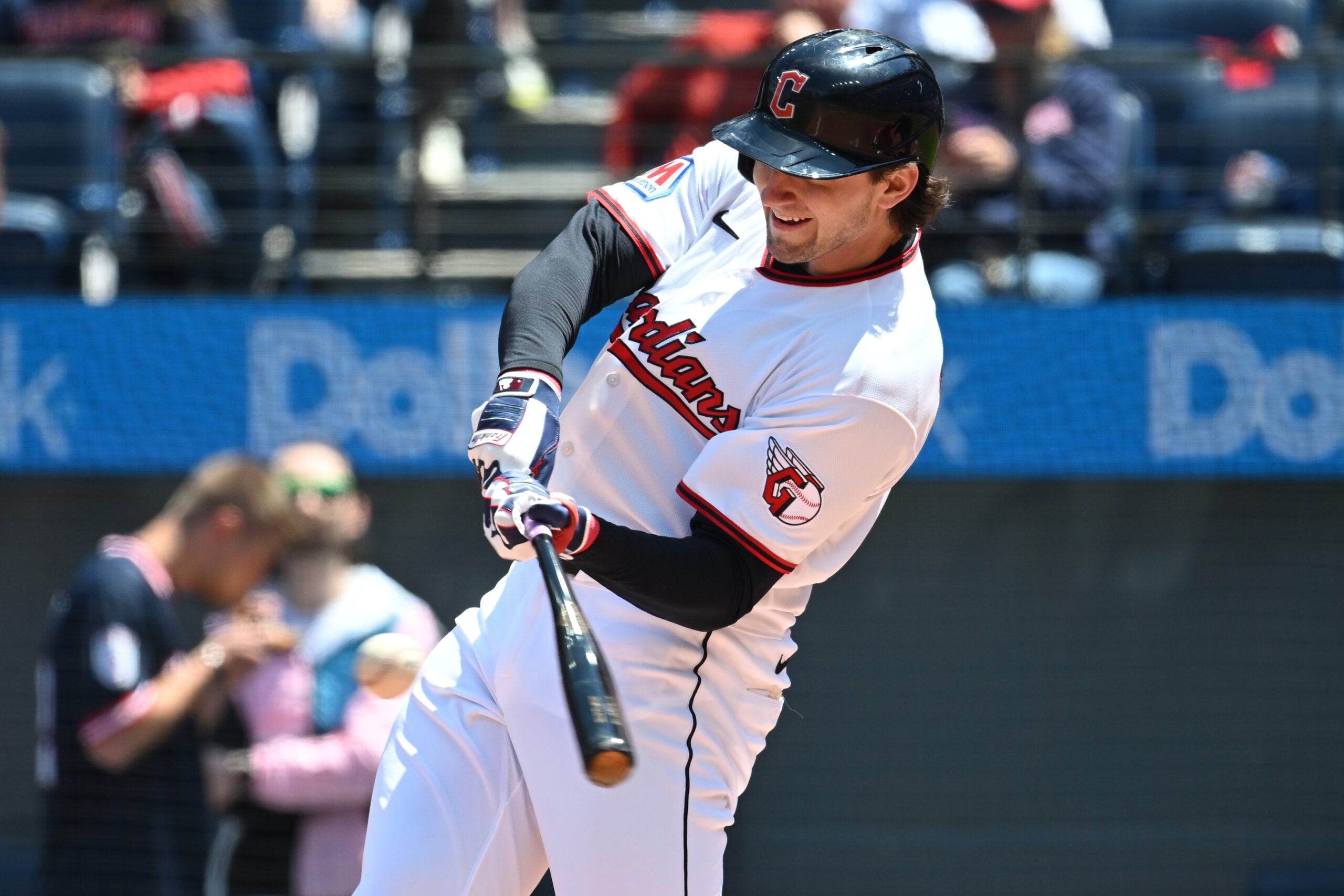 May 13, 2026; Cleveland, Ohio, USA; Cleveland Guardians right fielder Chase DeLauter (24) hits a single during the first inning against the Los Angeles Angels at Progressive Field. Mandatory Credit: Ken Blaze-Imagn Images