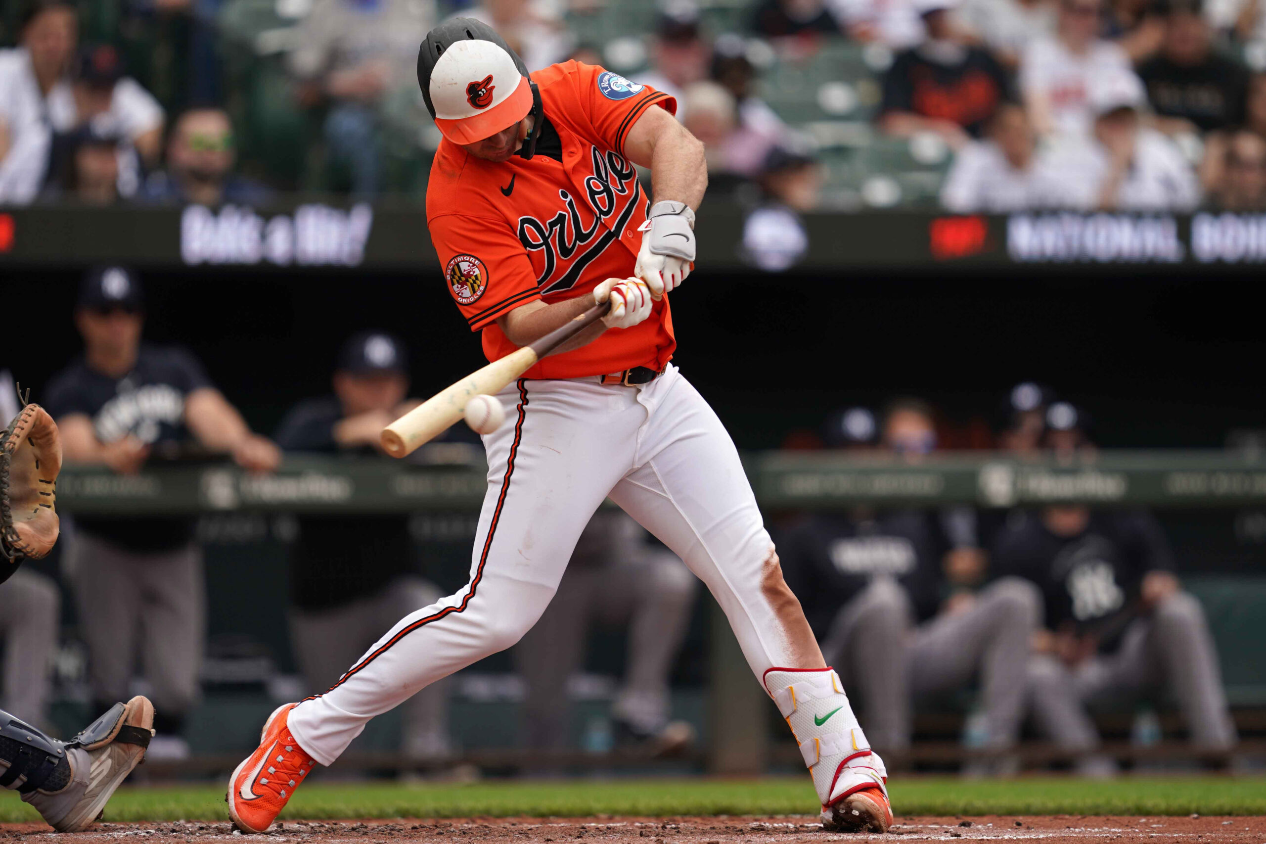 May 13, 2026; Baltimore, Maryland, USA; Baltimore Orioles first baseman Pete Alonso (25) singles during the third inning to drive in a run against the New York Yankees at Oriole Park at Camden Yards. Mandatory Credit: Mitch Stringer-Imagn Images