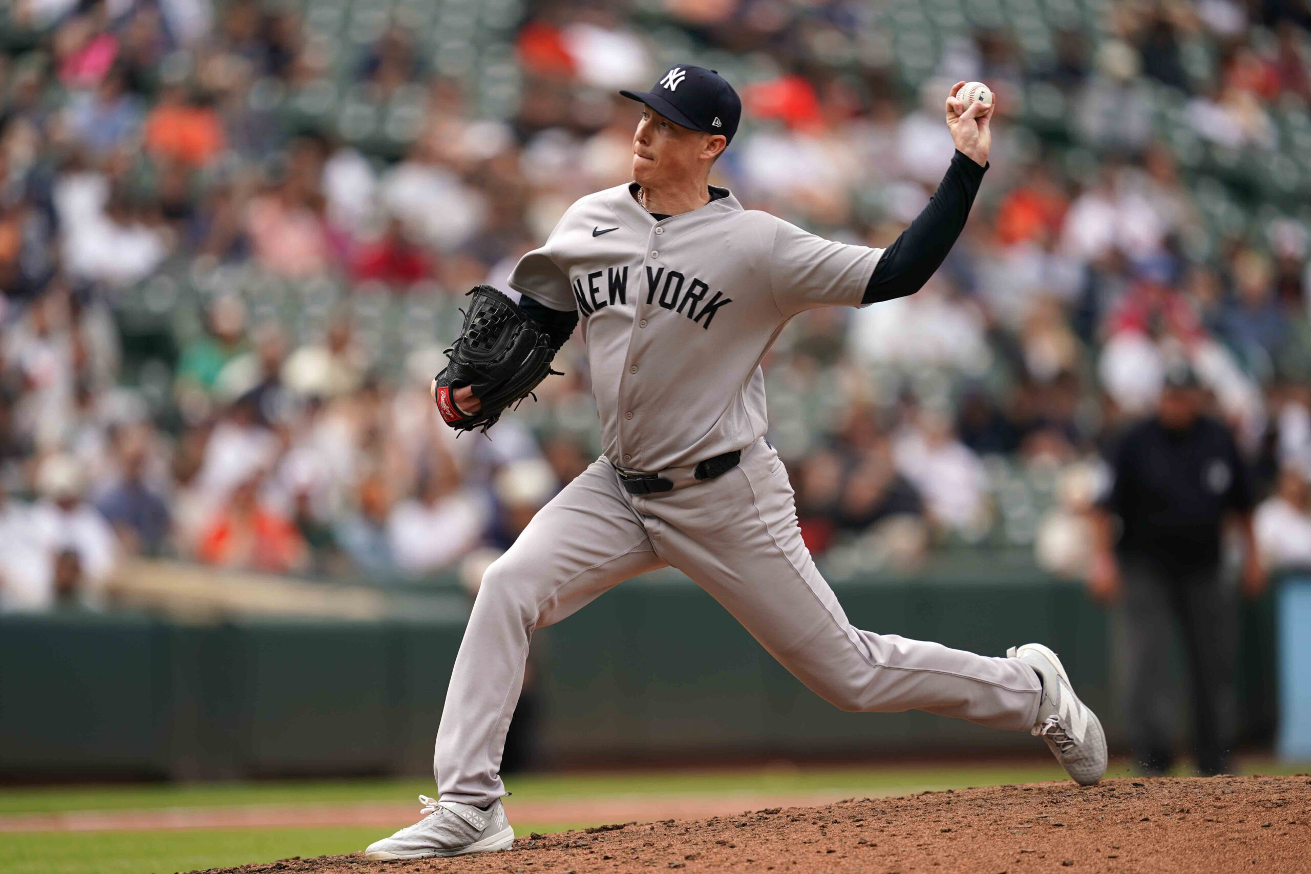 May 13, 2026; Baltimore, Maryland, USA; New York Yankees pitcher Ryan Yarbrough (33) delivers during the seventh inning against the Baltimore Orioles at Oriole Park at Camden Yards. Mandatory Credit: Mitch Stringer-Imagn Images