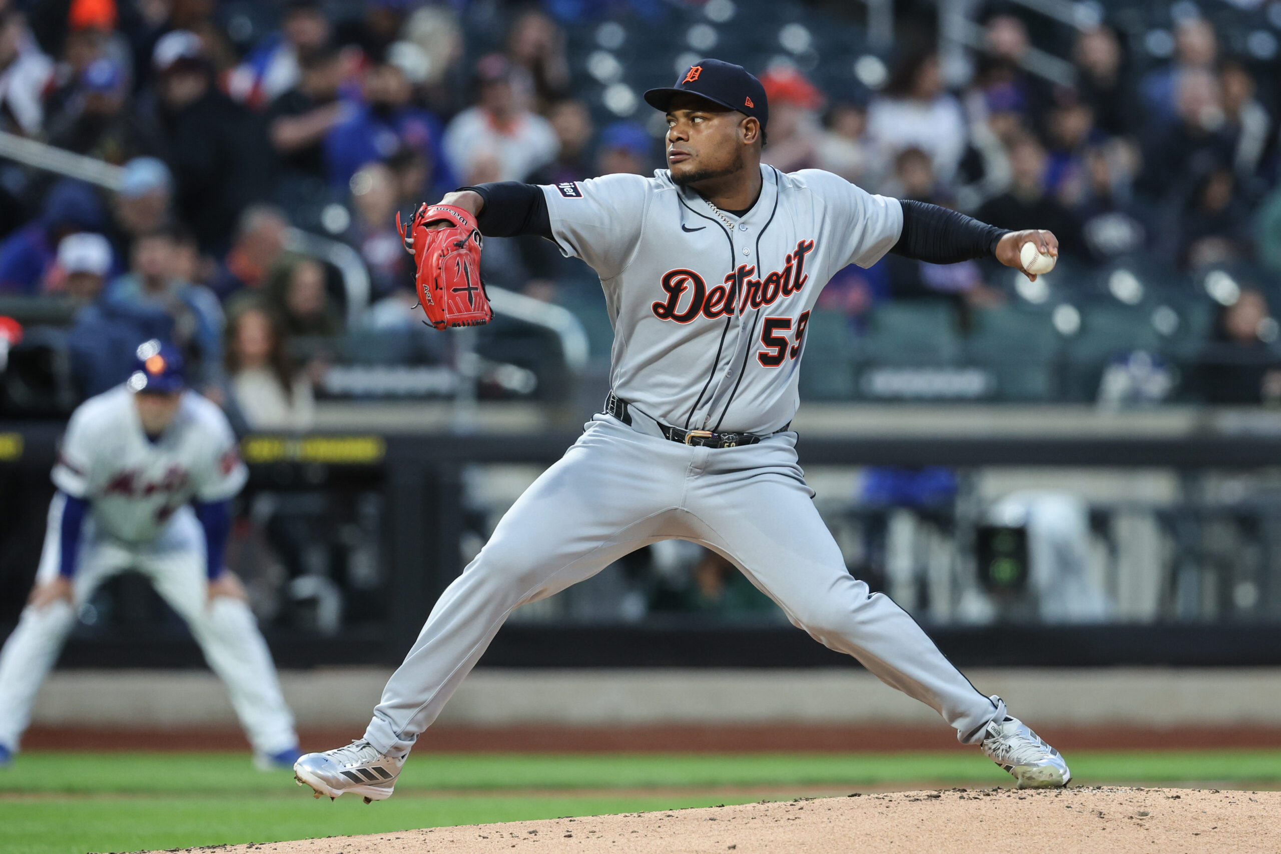 May 13, 2026; New York City, New York, USA;  Detroit Tigers starting pitcher Framber Valdez (59) pitches in the first inning against the New York Mets at Citi Field. Mandatory Credit: Wendell Cruz-Imagn Images