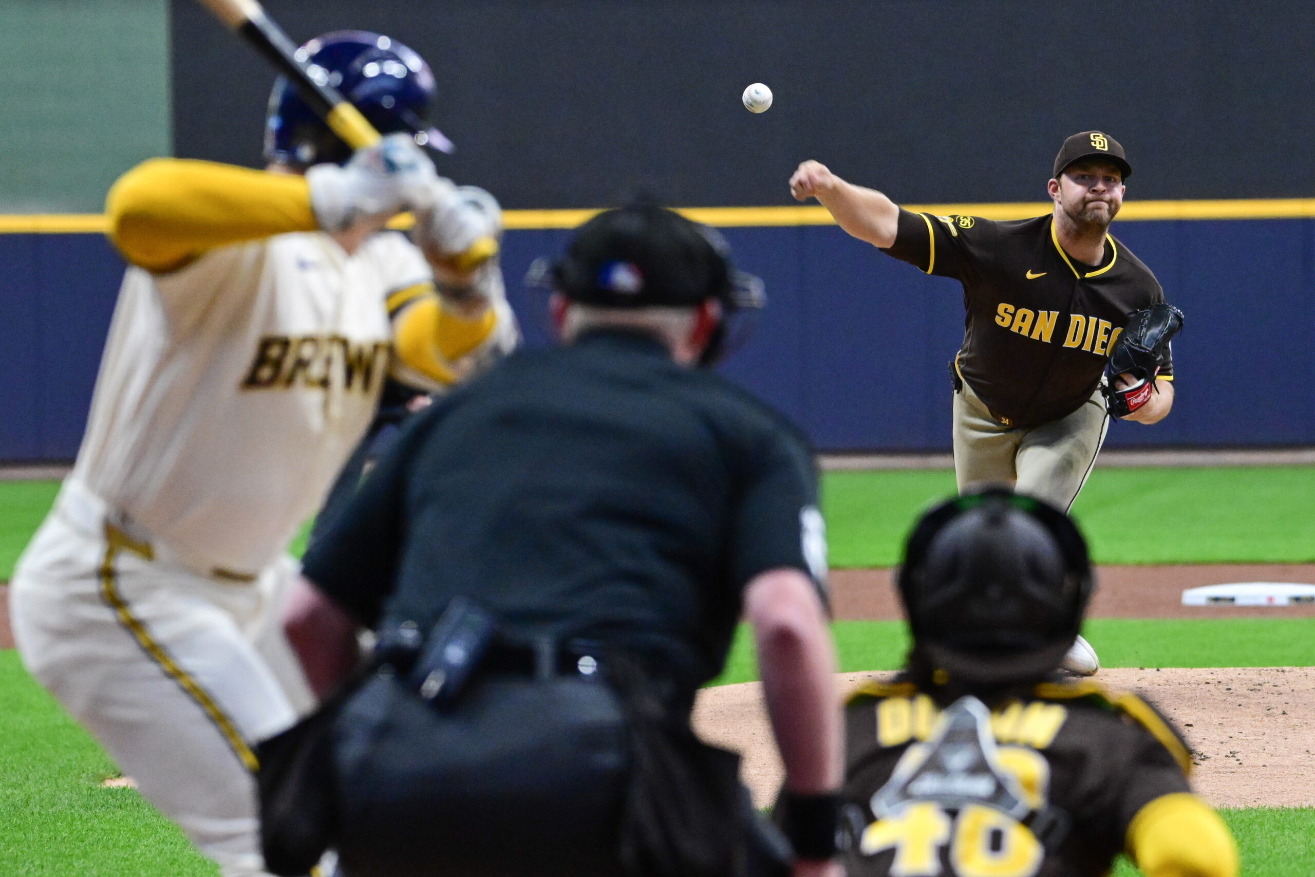 May 13, 2026; Milwaukee, Wisconsin, USA; San Diego Padres starting pitcher Michael King (34) throws a pitch in the first inning against the Milwaukee Brewers at American Family Field. Mandatory Credit: Benny Sieu-Imagn Images