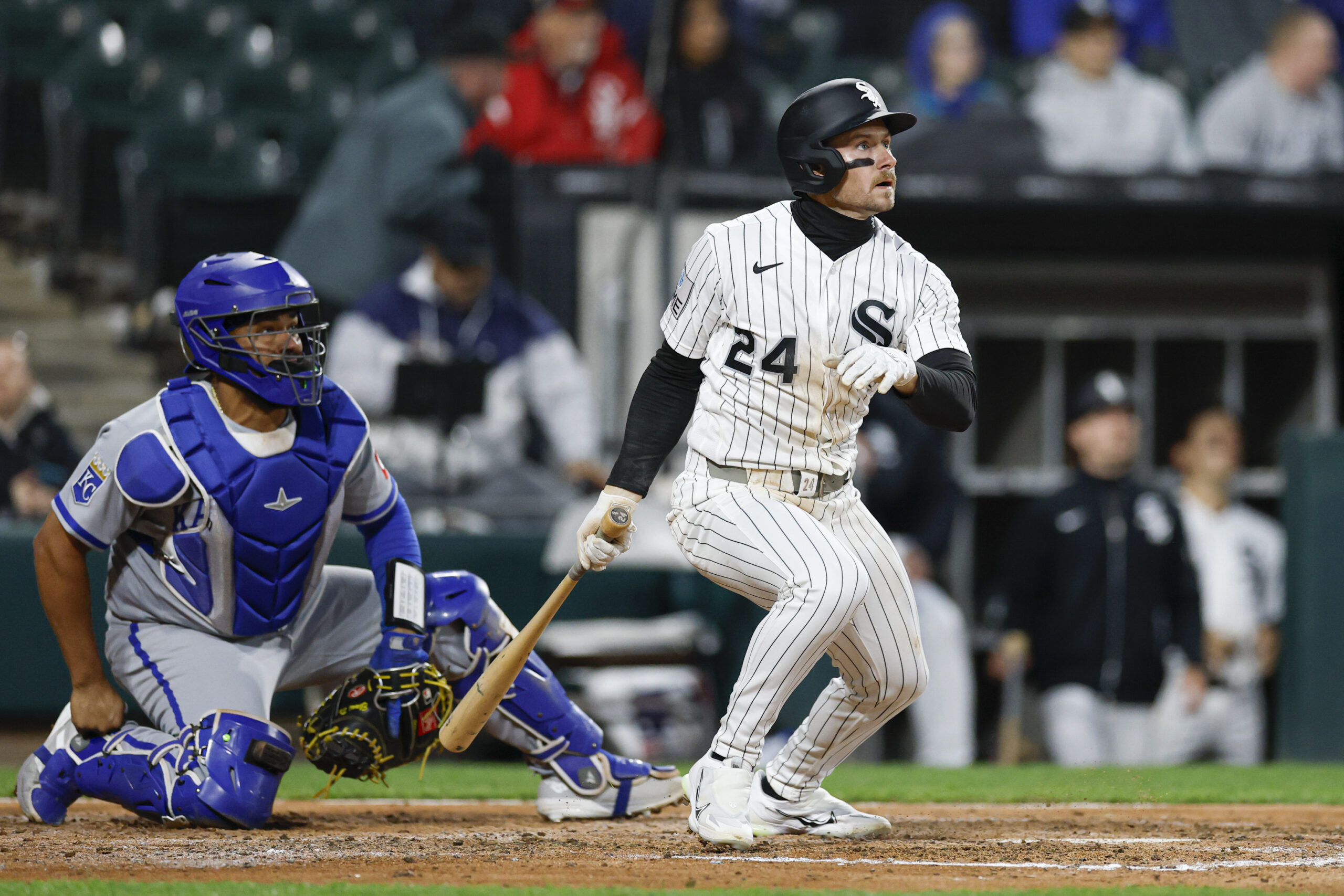 May 13, 2026; Chicago, Illinois, USA; Chicago White Sox right fielder Jarred Kelenic (24) watches his two-run double against the Kansas City Royals during the fifth inning at Rate Field. Mandatory Credit: Kamil Krzaczynski-Imagn Images