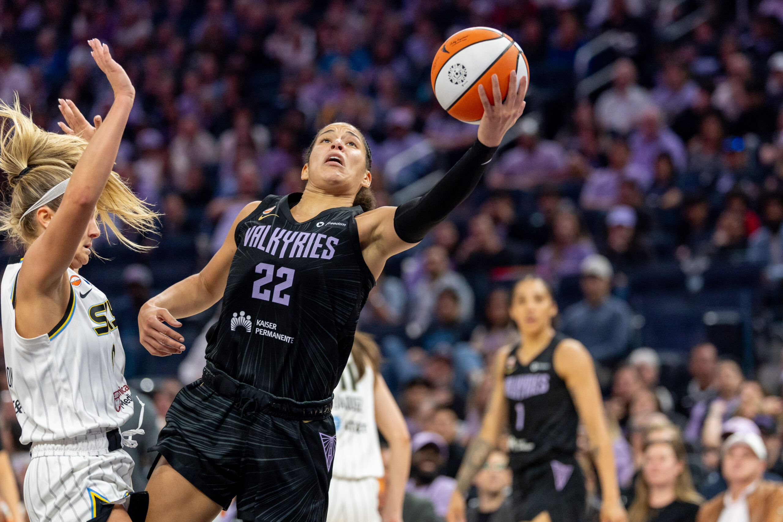 May 13, 2026; San Francisco, California, USA; Golden State Valkyries guard Veronica Burton (22) puts up an awkward shot during the second quarter against the Chicago Sky at Chase Center. Mandatory Credit: Bob Kupbens-Imagn Images