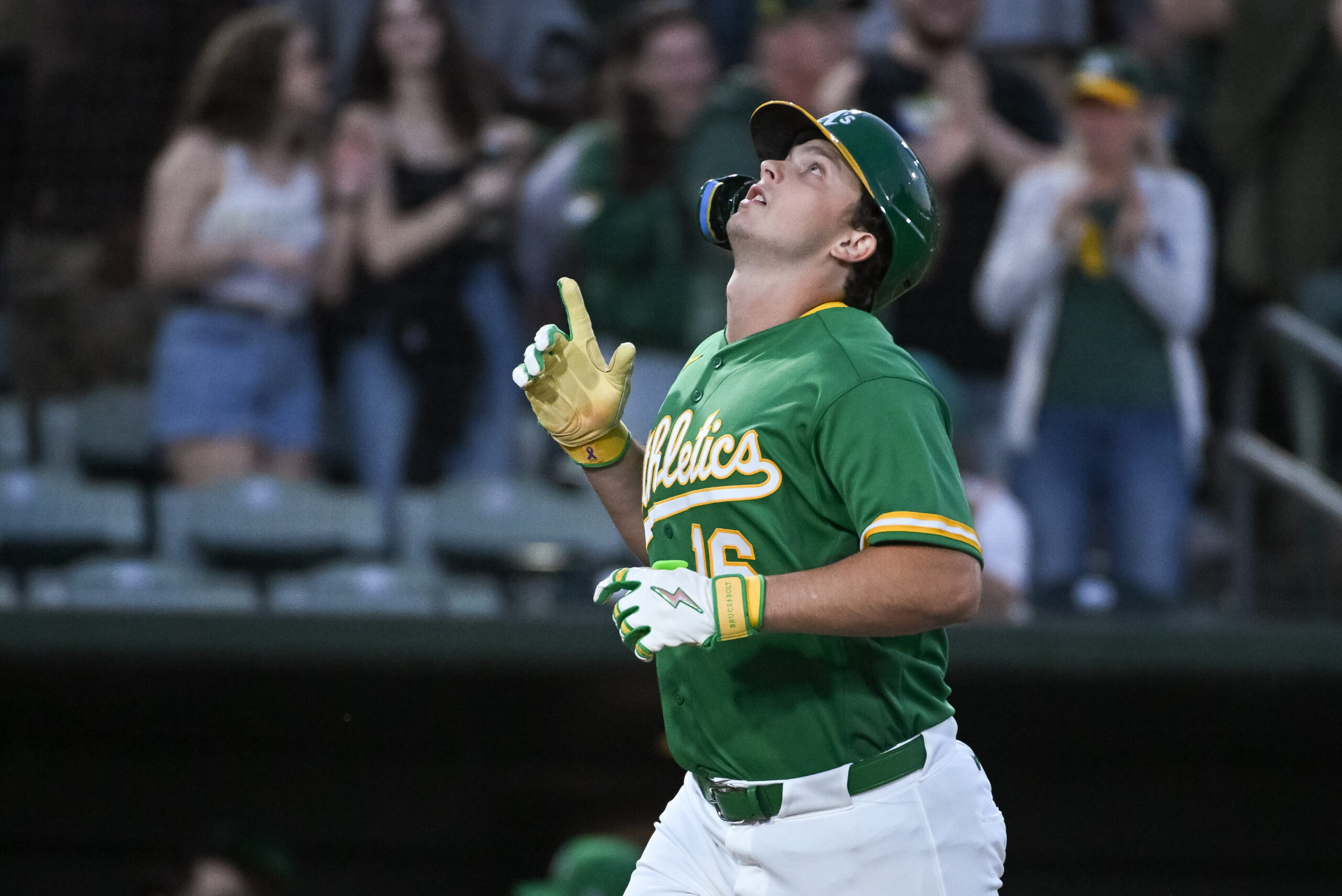 May 13, 2026; West Sacramento, California, USA; Athletics first baseman Nick Kurtz (16) points to the sky after hitting a grand slam against the St. Louis Cardinals during the fifth inning at Sutter Health Park. Mandatory Credit: Ed Szczepanski-Imagn Images