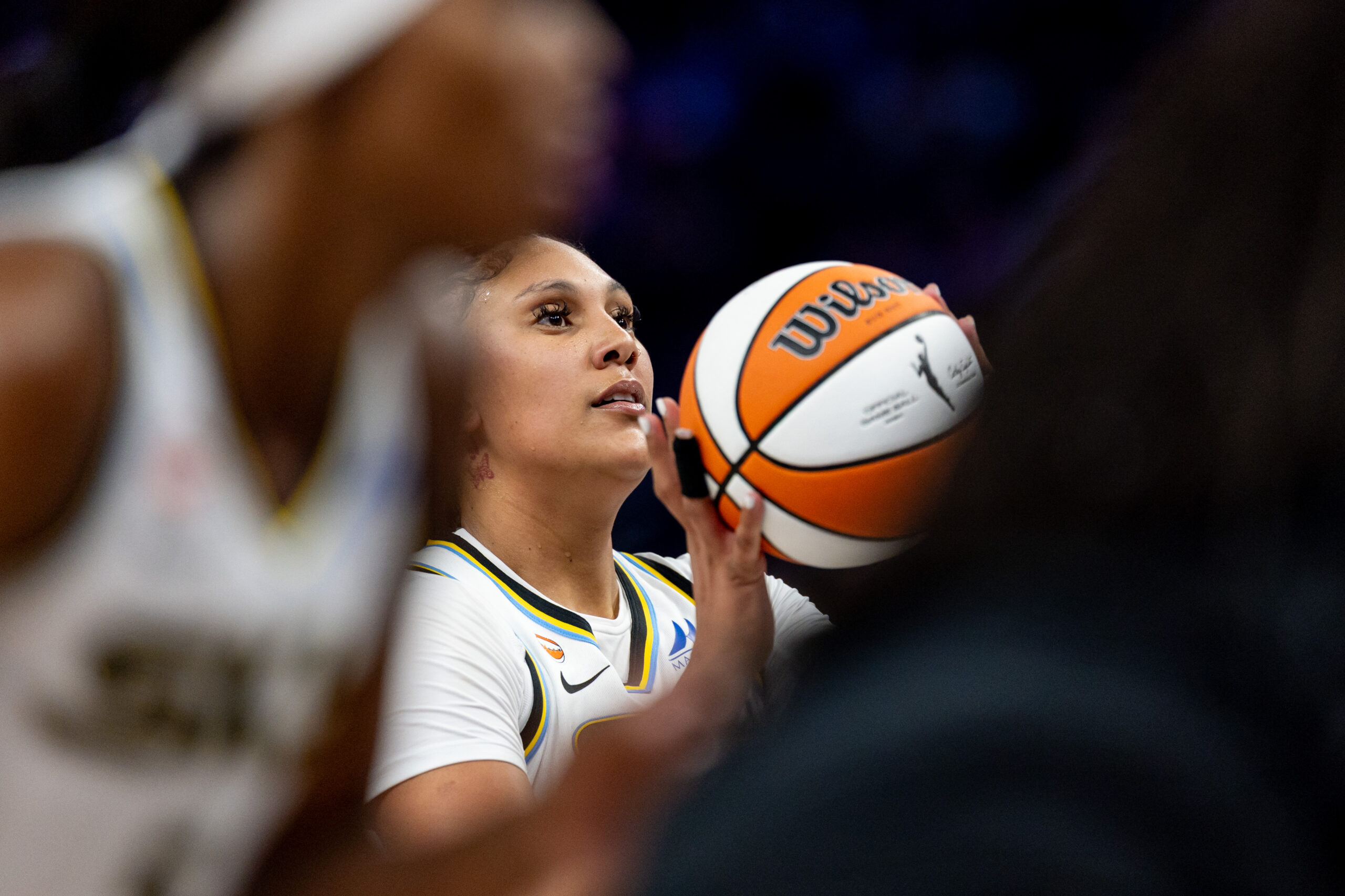 May 13, 2026; San Francisco, California, USA; Chicago Sky center Kamilla Cardoso (10) shoots a free throw during the fourth quarter against the Golden State Valkyries at Chase Center. Mandatory Credit: Bob Kupbens-Imagn Images