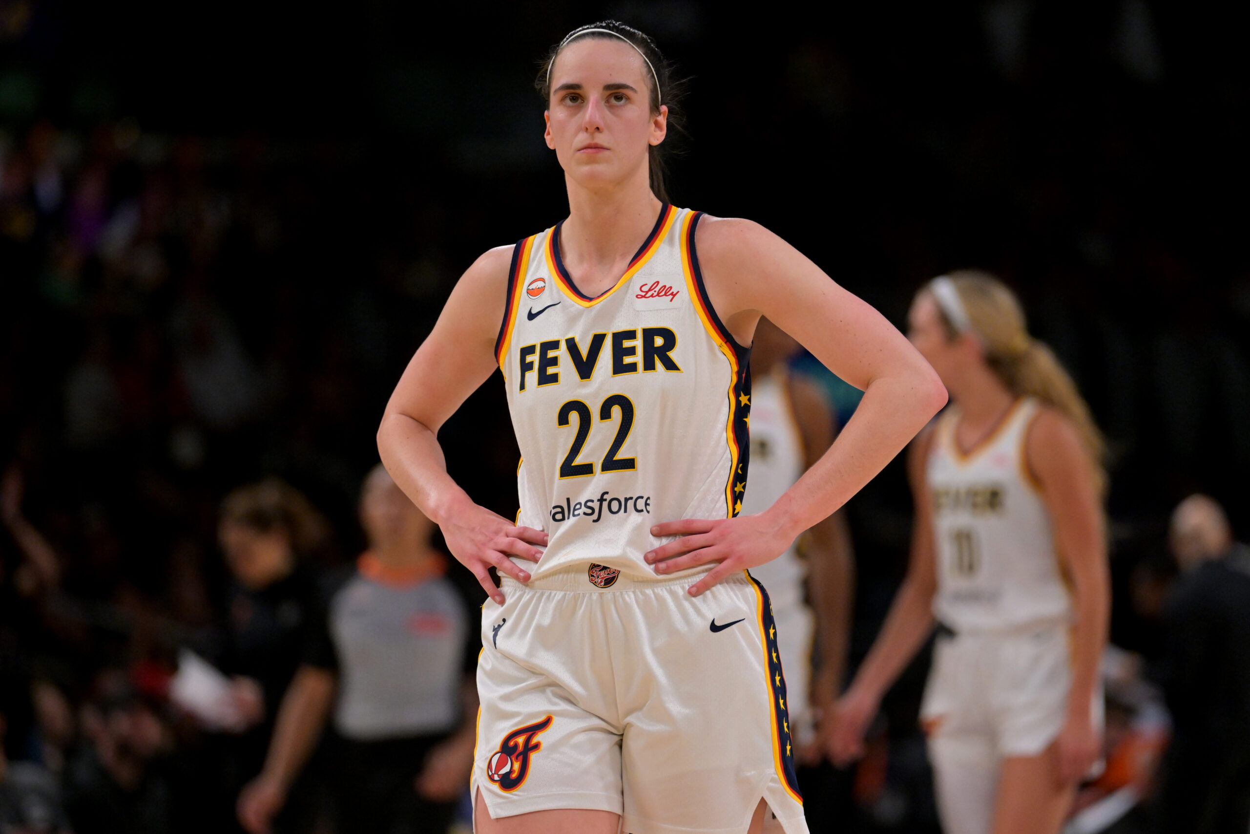 May 13, 2026; Los Angeles, California, USA; Indiana Fever guard Caitlin Clark (22) looks on in the second half against the Los Angeles Sparks at Crypto.com Arena. Mandatory Credit: Jayne Kamin-Oncea-Imagn Images