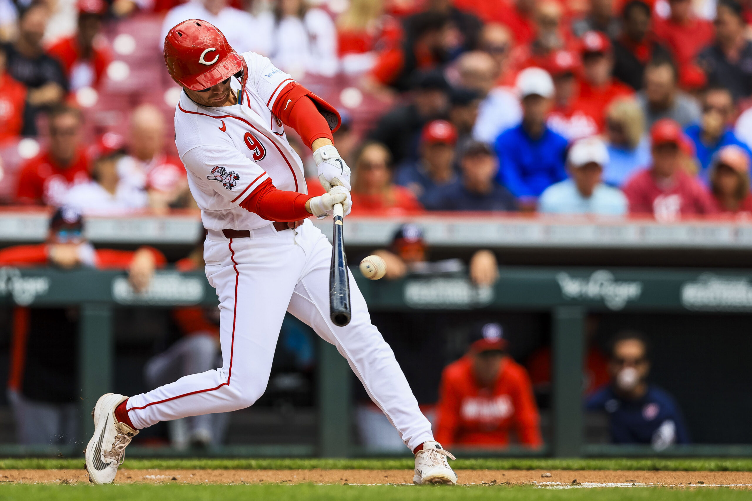 May 14, 2026; Cincinnati, Ohio, USA; Cincinnati Reds second baseman Matt McLain (9) hits a two-run home run in the second inning against the Washington Nationals at Great American Ball Park. Mandatory Credit: Katie Stratman-Imagn Images