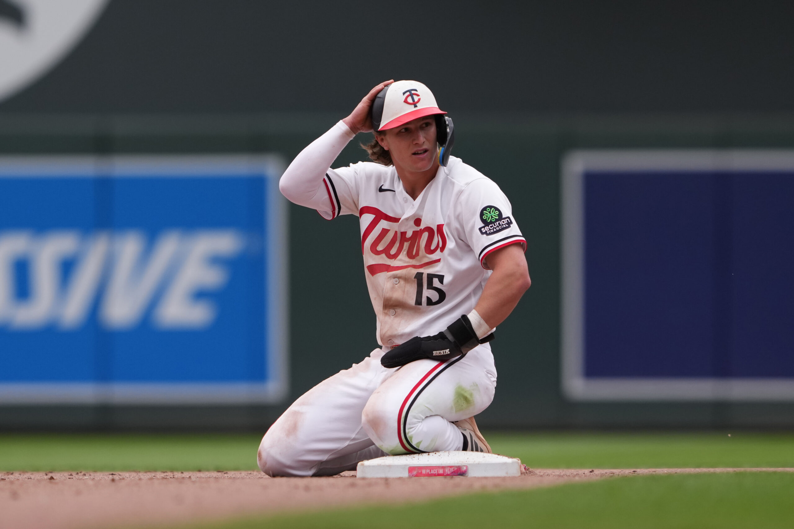 May 14, 2026; Minneapolis, Minnesota, USA; Minnesota Twins second baseman Luke Keaschall (15) reacts after stealing second base during the eighth inning against the Miami Marlins at Target Field. Mandatory Credit: Jordan Johnson-Imagn Images