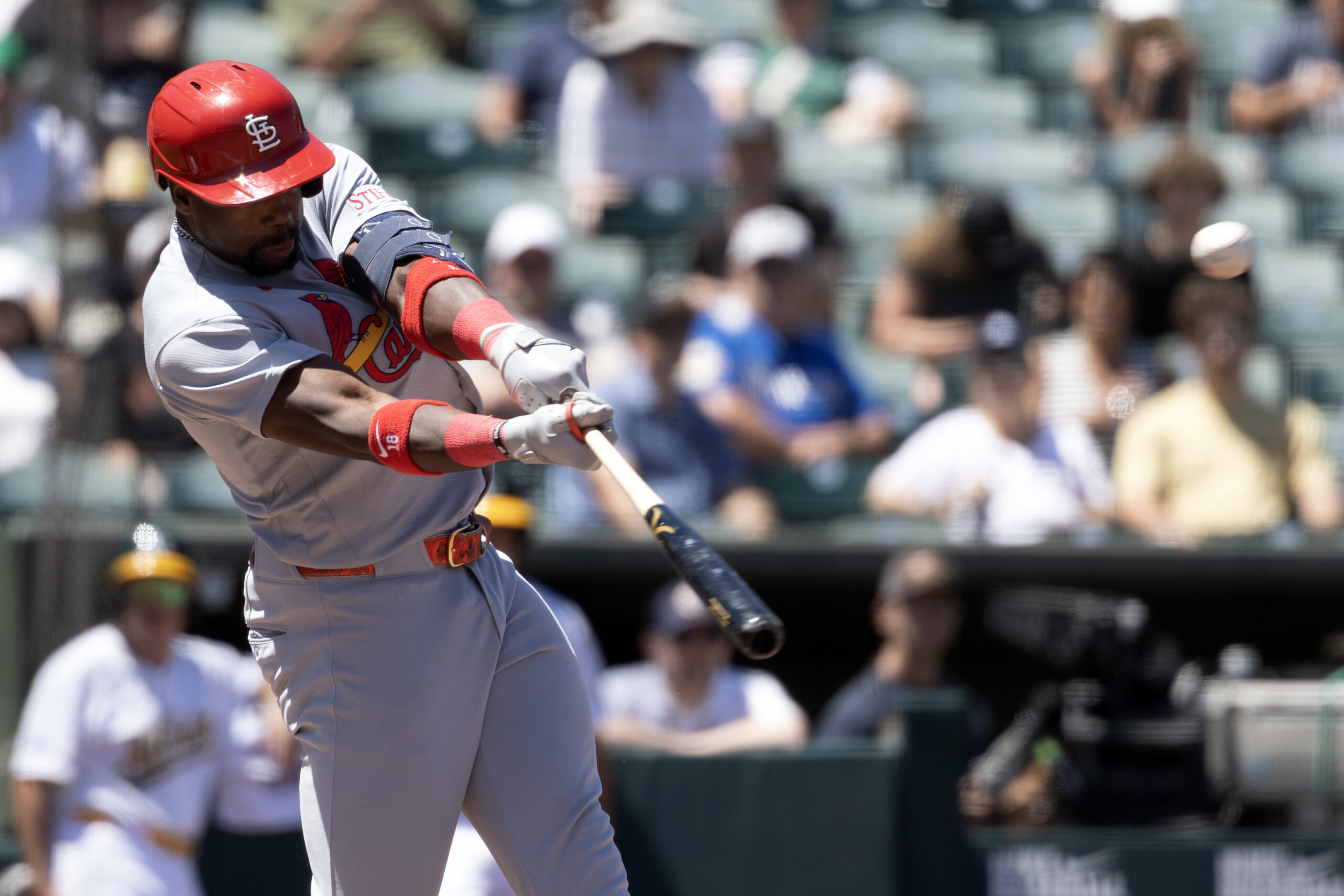 May 14, 2026; West Sacramento, California, USA; St. Louis Cardinals right fielder Jordan Walker (18) hits a lead-off home run against the Athletics during the sixth inning at Sutter Health Park. Mandatory Credit: D. Ross Cameron-Imagn Images
