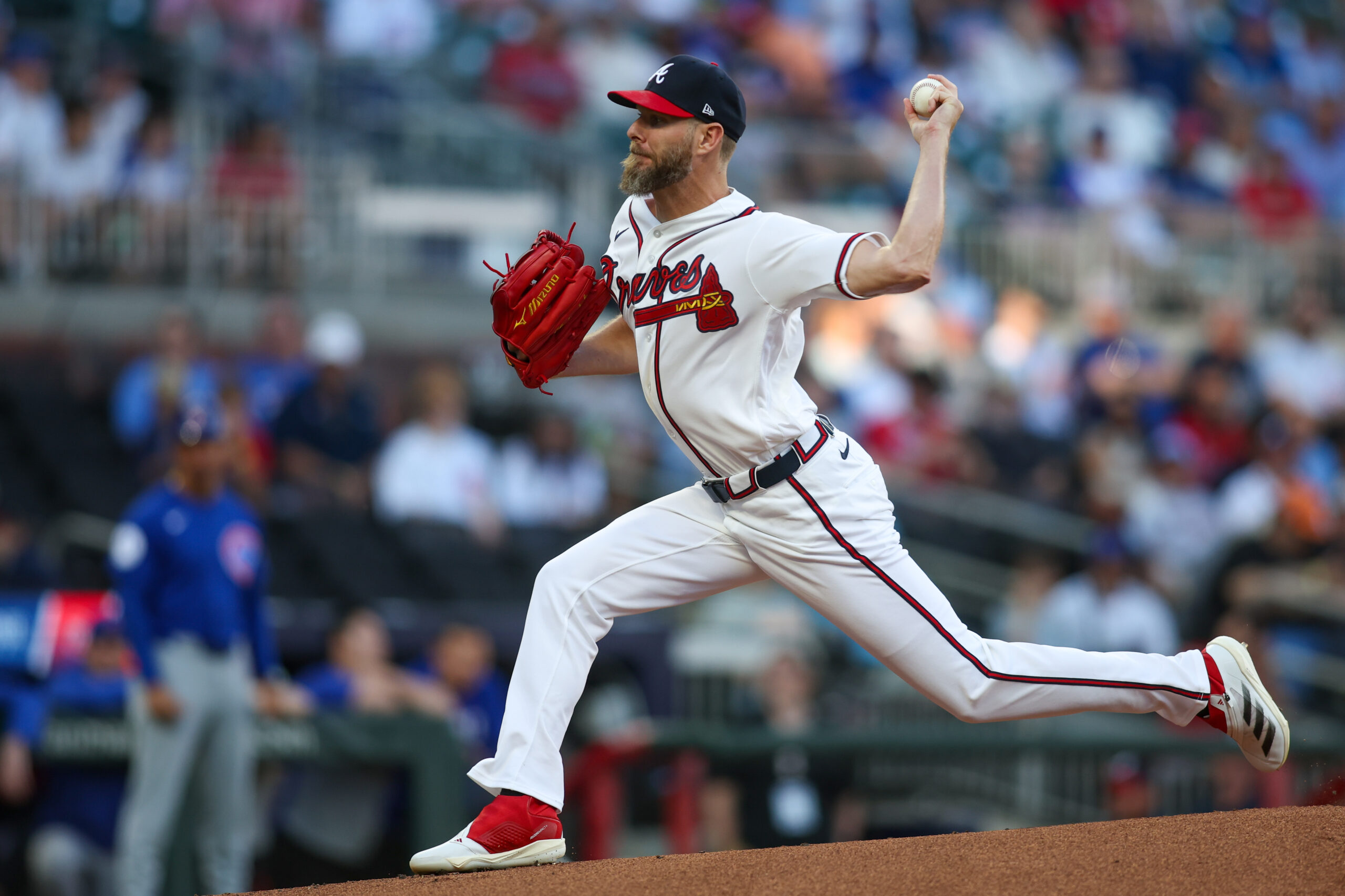 May 14, 2026; Atlanta, Georgia, USA; Atlanta Braves pitcher Chris Sale (51) throws against the Chicago Cubs in the first inning at Truist Park. Mandatory Credit: Brett Davis-Imagn Images