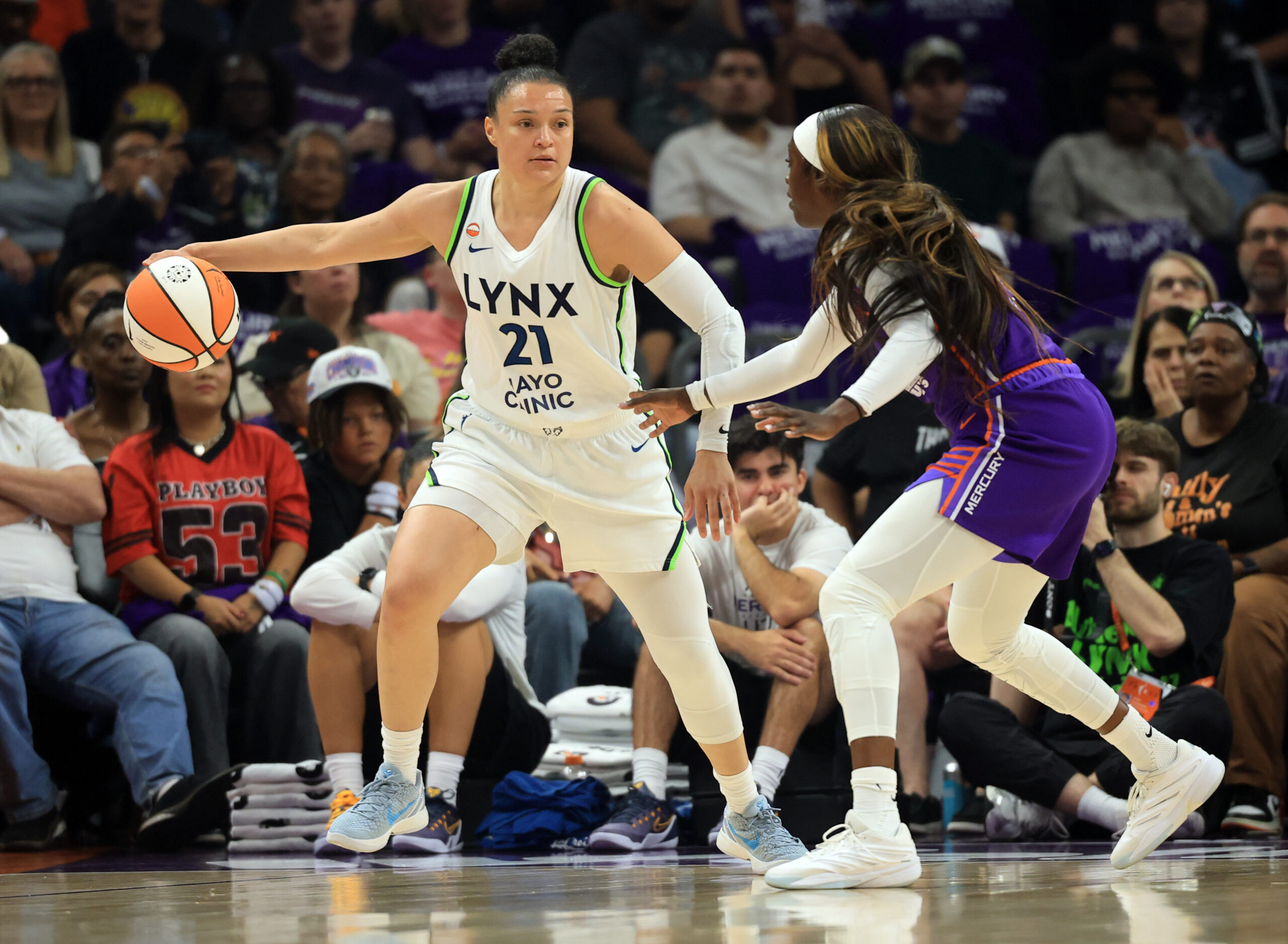 May 12, 2026; Phoenix, Arizona, USA; Minnesota Lynx guard Kayla McBride (21) against the Phoenix Mercury at Mortgage Matchup Center. Mandatory Credit: Mark J. Rebilas-Imagn Images