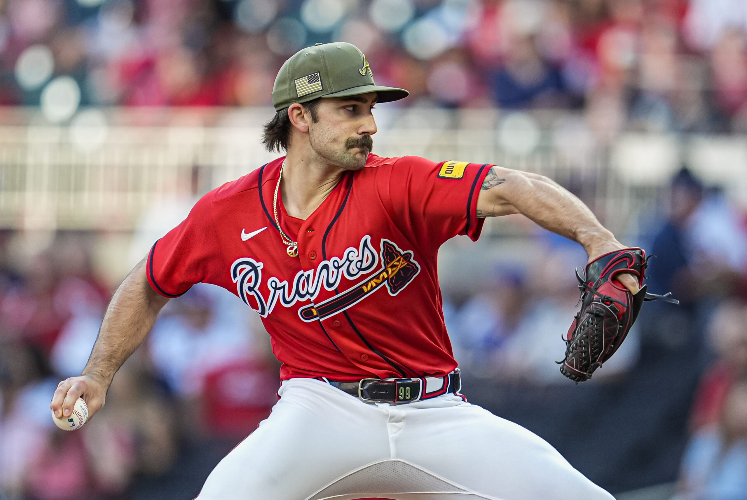 May 15, 2026; Cumberland, Georgia, USA; Atlanta Braves pitcher Spencer Strider (99) pitches against the Boston Red Sox during the first inning at Truist Park. Mandatory Credit: Dale Zanine-Imagn Images
