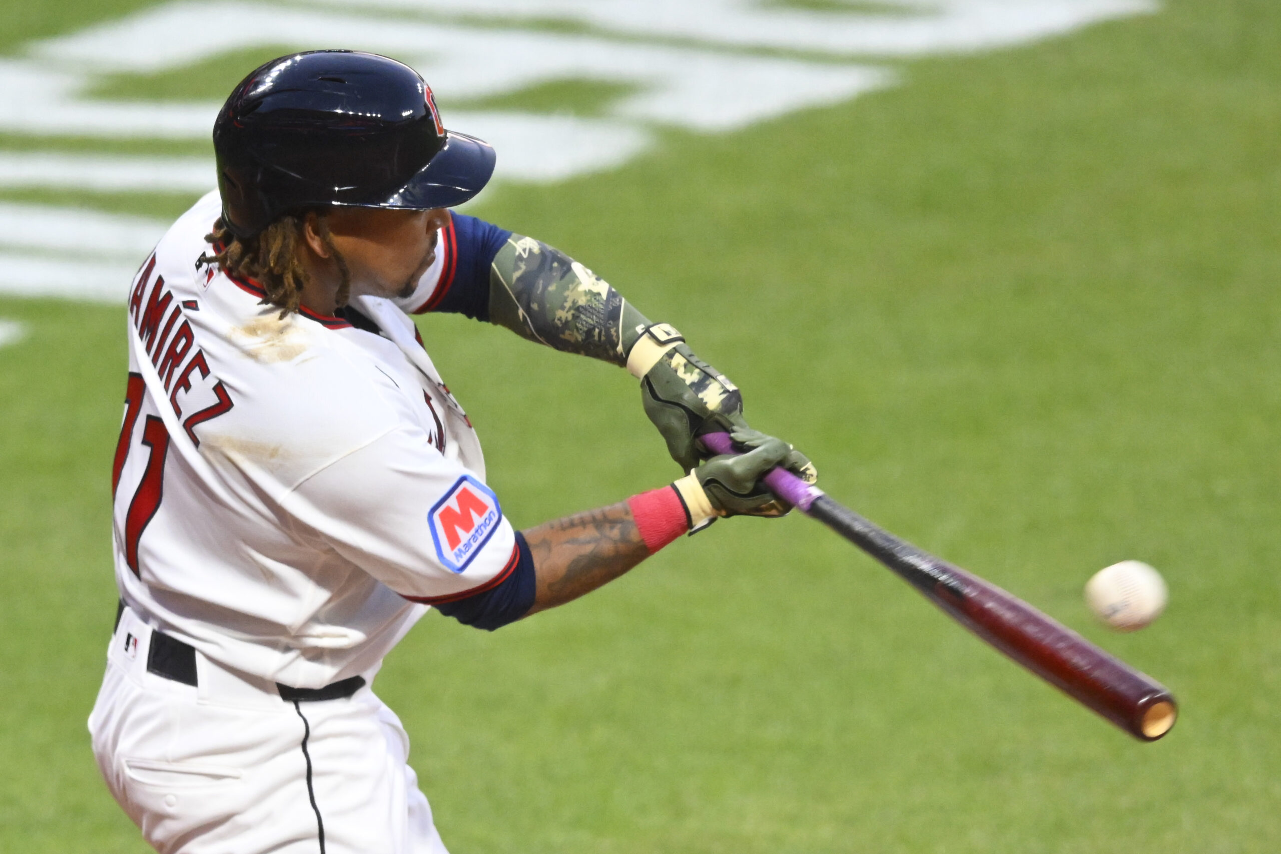 May 15, 2026; Cleveland, Ohio, USA; Cleveland Guardians third baseman Jose Ramirez (11) singles in the fifth inning against the Cincinnati Reds at Progressive Field. Mandatory Credit: David Richard-Imagn Images