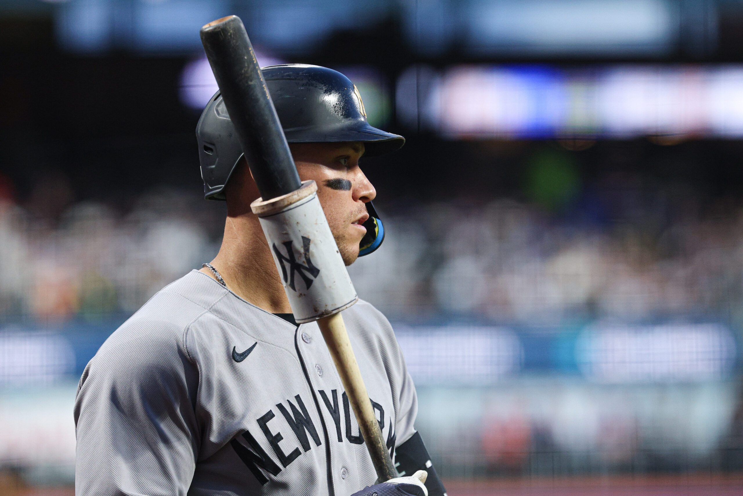 May 15, 2026; New York City, New York, USA; New York Yankees right fielder Aaron Judge (99) looks on from the on deck circle during the third inning against the New York Mets at Citi Field. Mandatory Credit: Vincent Carchietta-Imagn Images