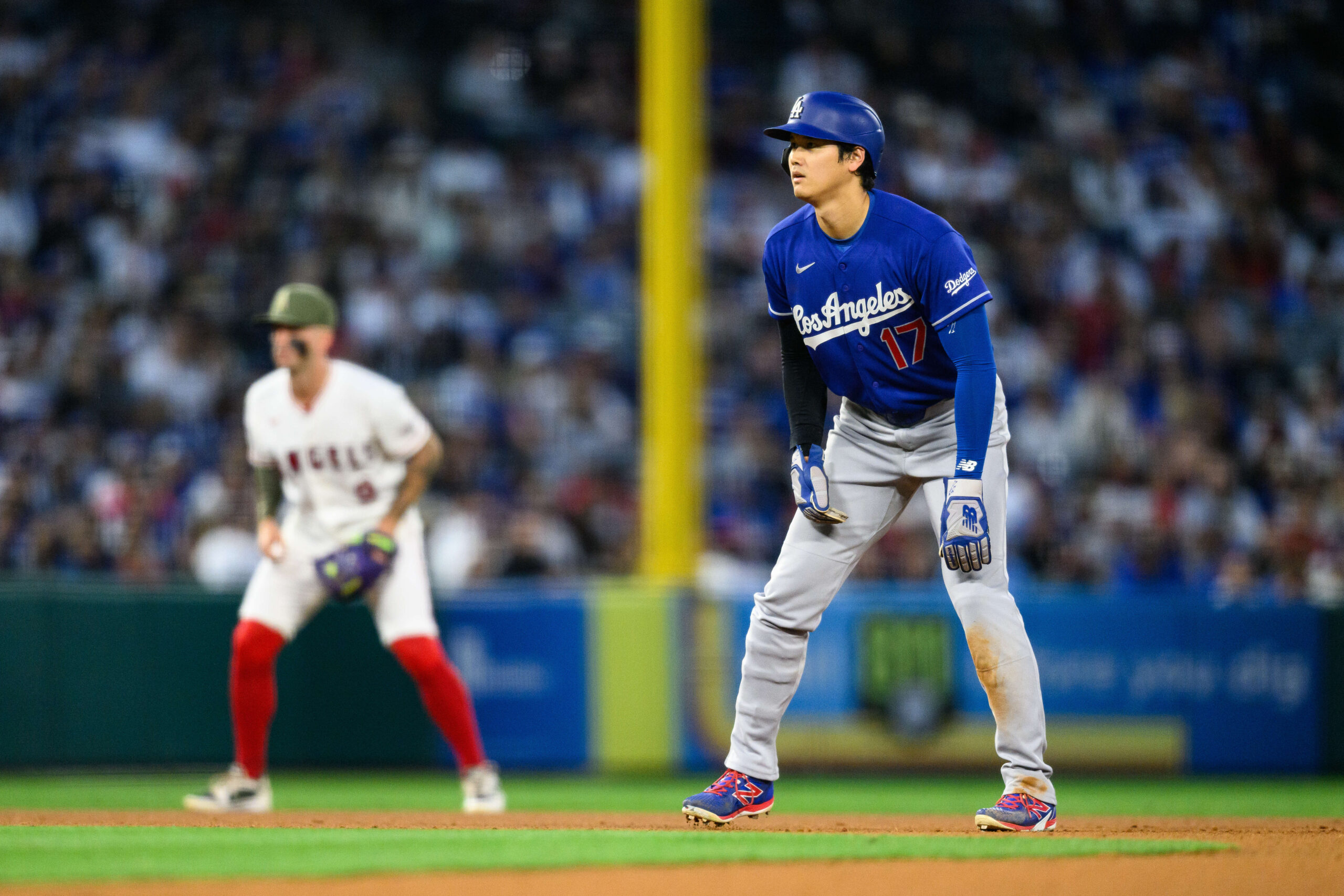 May 15, 2026; Anaheim, California, USA; Los Angeles Dodgers designated hitter Shohei Ohtani (17) takes his lead off second base during the fifth inning against the Los Angeles Angels at Angel Stadium. Mandatory Credit: William Liang-Imagn Images