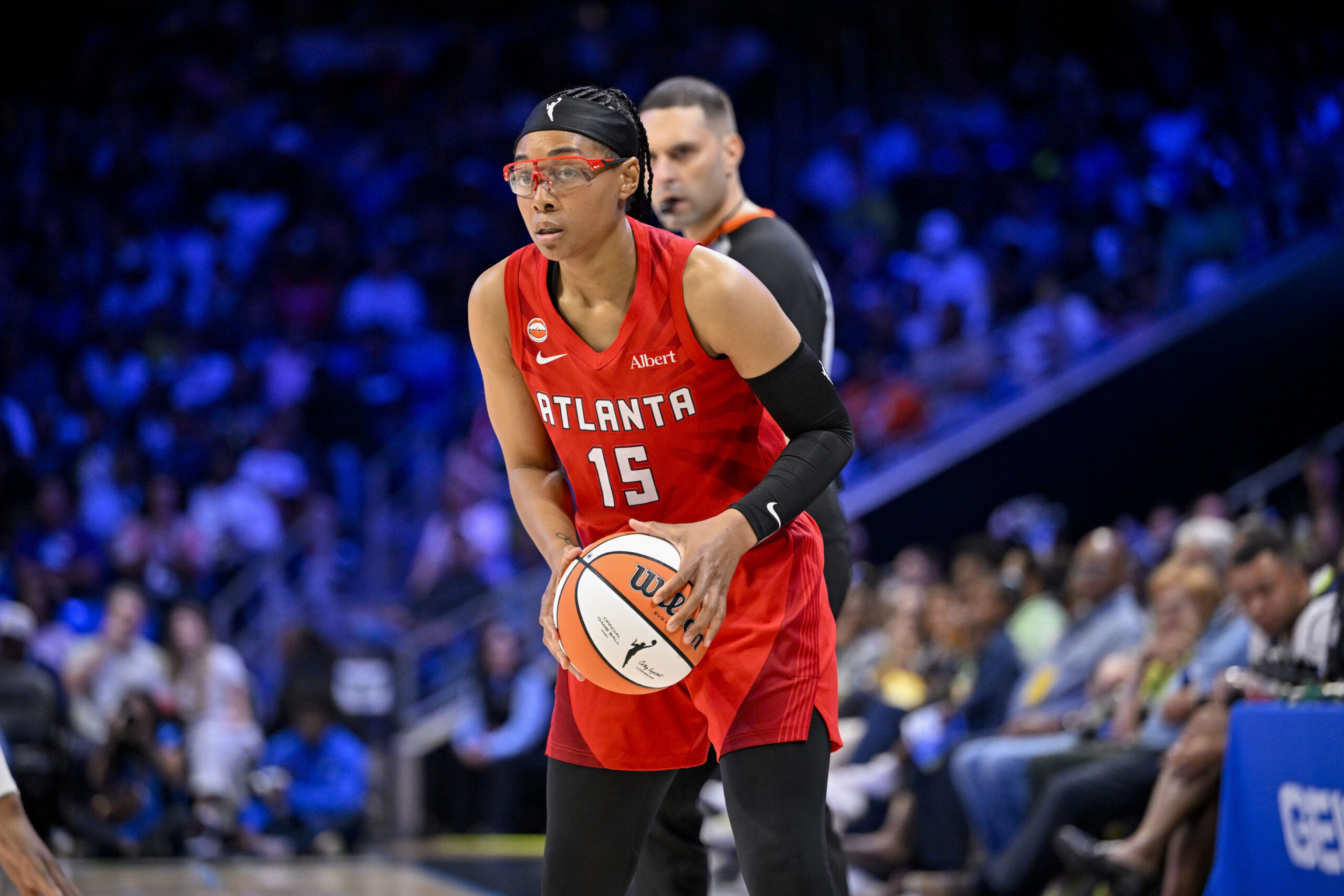 May 12, 2026; Arlington, Texas, USA; Atlanta Dream guard Allisha Gray (15) controls the ball during the game between the Wings and the Dream at College Park Center. Mandatory Credit: Jerome Miron-Imagn Images