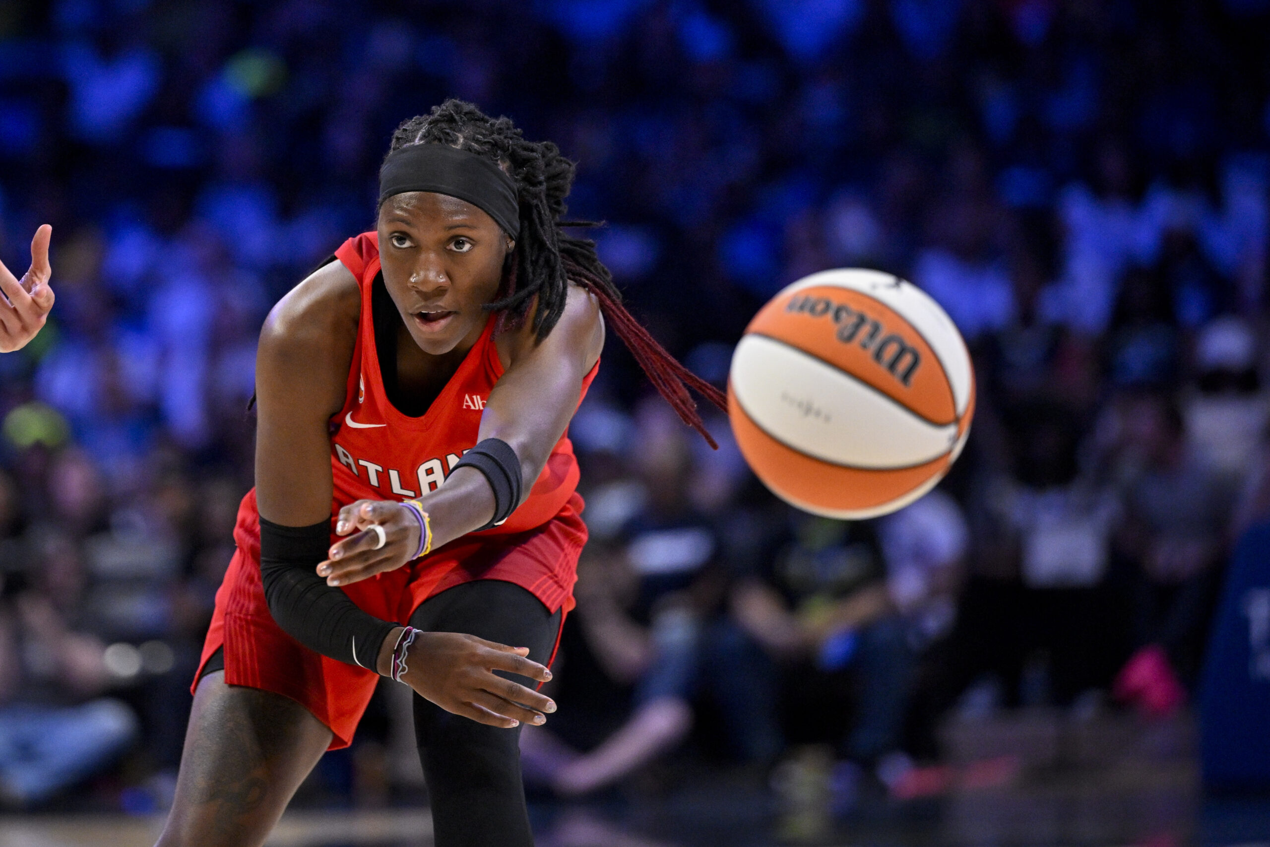 May 12, 2026; Arlington, Texas, USA; Atlanta Dream guard Rhyne Howard (10) passes the ball during the game between the Wings and the Dream at College Park Center. Mandatory Credit: Jerome Miron-Imagn Images