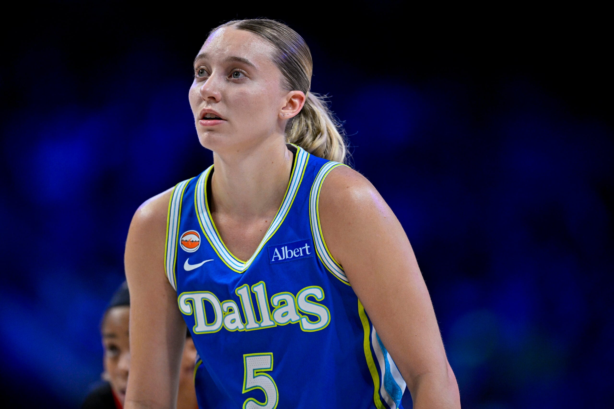 May 12, 2026; Arlington, Texas, USA; Dallas Wings guard Paige Bueckers (5) looks on during the game between the Wings and the Dream at College Park Center. Mandatory Credit: Jerome Miron-Imagn Images