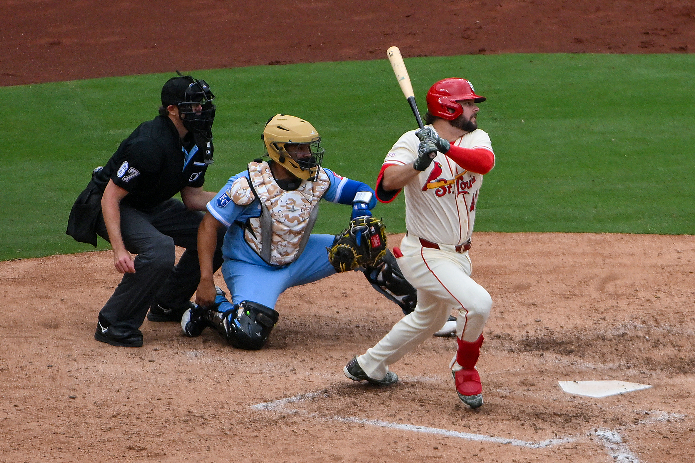 May 16, 2026; St. Louis, Missouri, USA; St. Louis Cardinals first baseman Alec Burleson (41) hits a one run single against the Kansas City Royals during the eighth inning at Busch Stadium. Mandatory Credit: Jeff Curry-Imagn Images