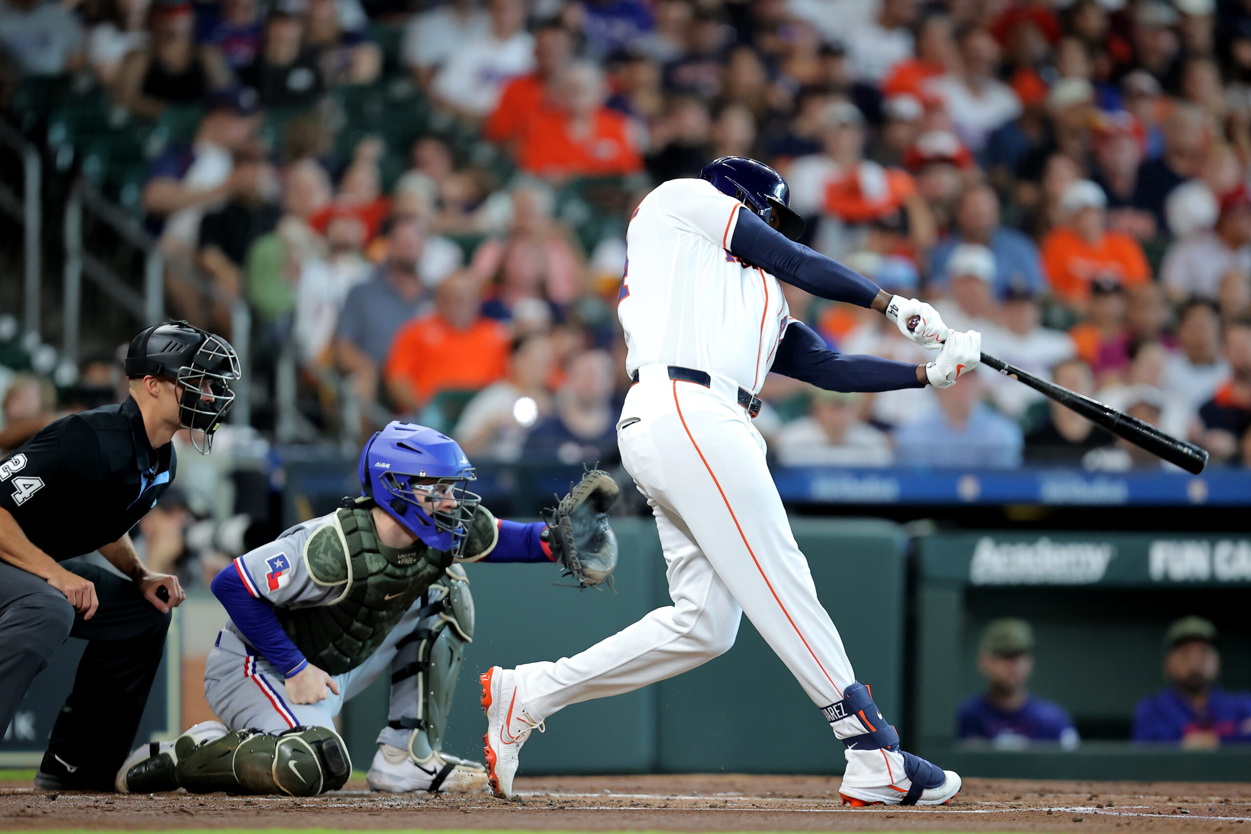 May 16, 2026; Houston, Texas, USA; Houston Astros designated hitter Yordan Alvarez (44) hits a home run to right field against the Texas Rangers during the first inning at Daikin Park. Mandatory Credit: Erik Williams-Imagn Images