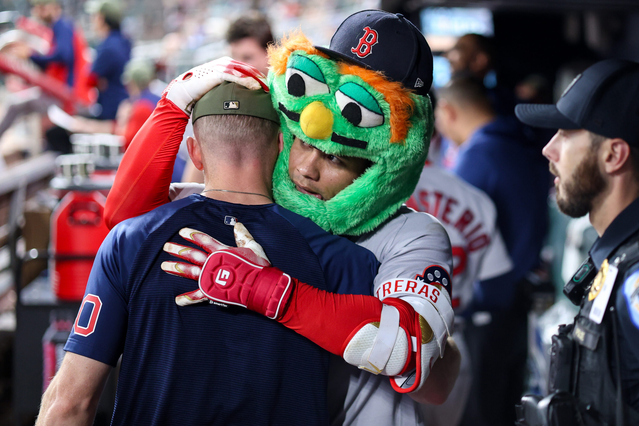 May 16, 2026; Atlanta, Georgia, USA; Boston Red Sox first baseman Willson Contreras (40) celebrates with teammates after a two-run home run against the Atlanta Braves in the eighth inning at Truist Park. Mandatory Credit: Brett Davis-Imagn Images