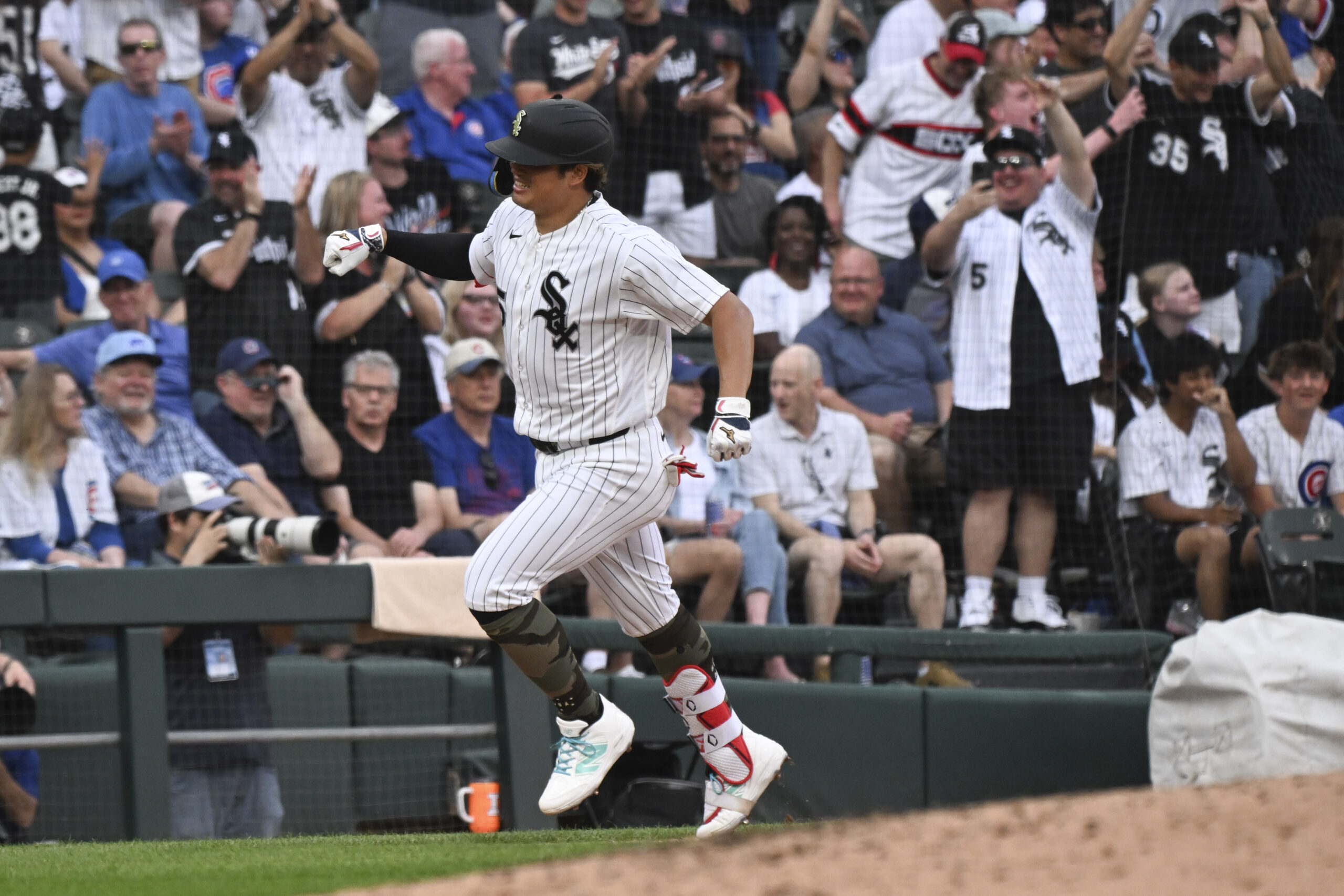 May 16, 2026; Chicago, Illinois, USA;  Chicago White Sox first baseman Munetaka Murakami (5) pumps his fist after hitting a home run during the third inning against the Chicago Cubs at Rate Field. Mandatory Credit: Matt Marton-Imagn Images