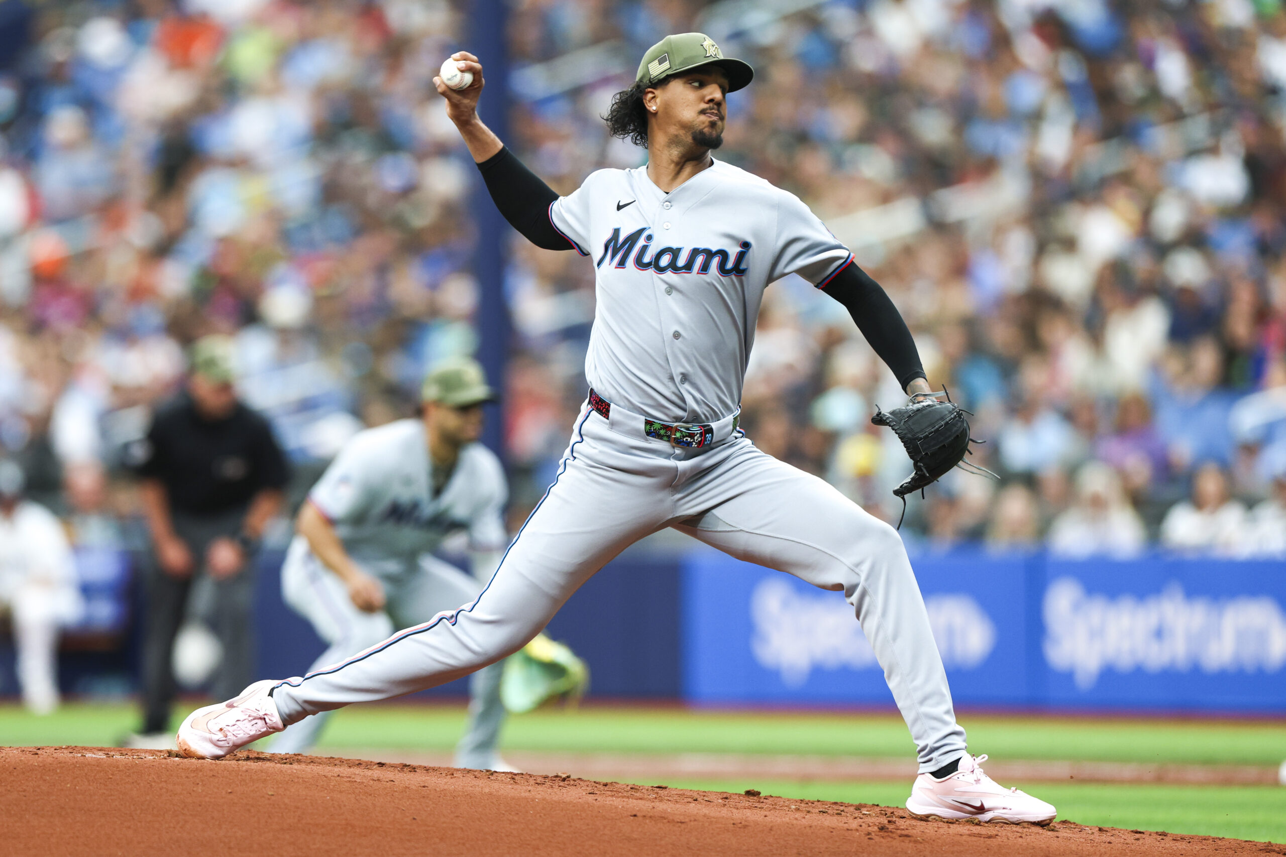 May 17, 2026; St. Petersburg, Florida, USA; Miami Marlins starting pitcher Eury Perez (39) throws a pitch against the Tampa Bay Rays in the first inning at Tropicana Field. Mandatory Credit: Nathan Ray Seebeck-Imagn Images