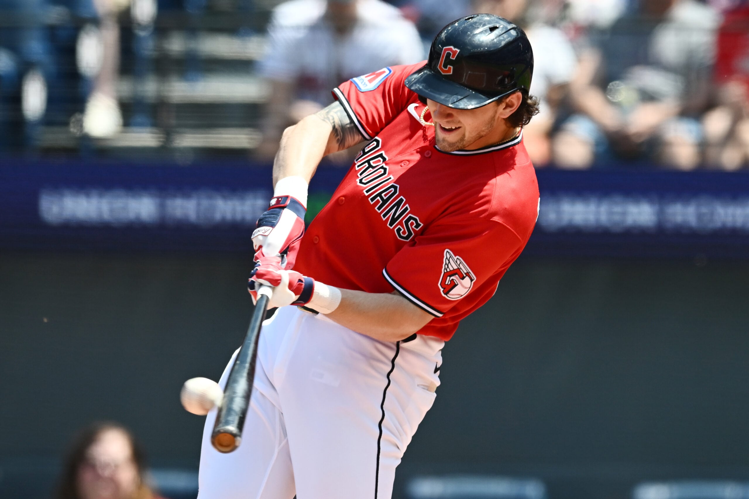 May 17, 2026; Cleveland, Ohio, USA; Cleveland Guardians right fielder Chase DeLauter (24) hits a home run during the first inning against the Cincinnati Reds at Progressive Field. Mandatory Credit: Ken Blaze-Imagn Images