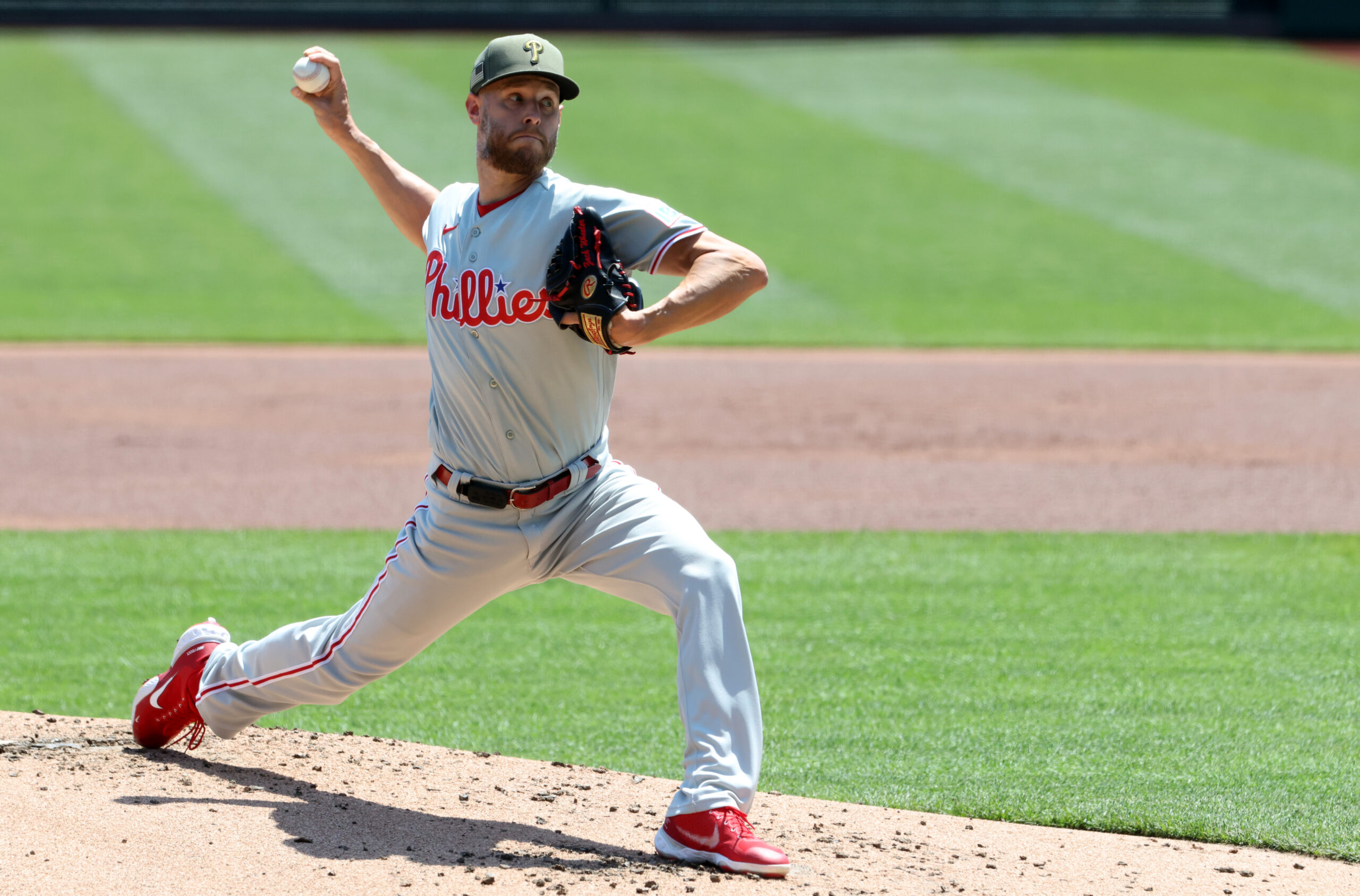 May 17, 2026; Pittsburgh, Pennsylvania, USA; Philadelphia Phillies starting pitcher Zack Wheeler (45) delivers pitch against the Pittsburgh Pirates during the first inning at PNC Park. Mandatory Credit: Charles LeClaire-Imagn Images