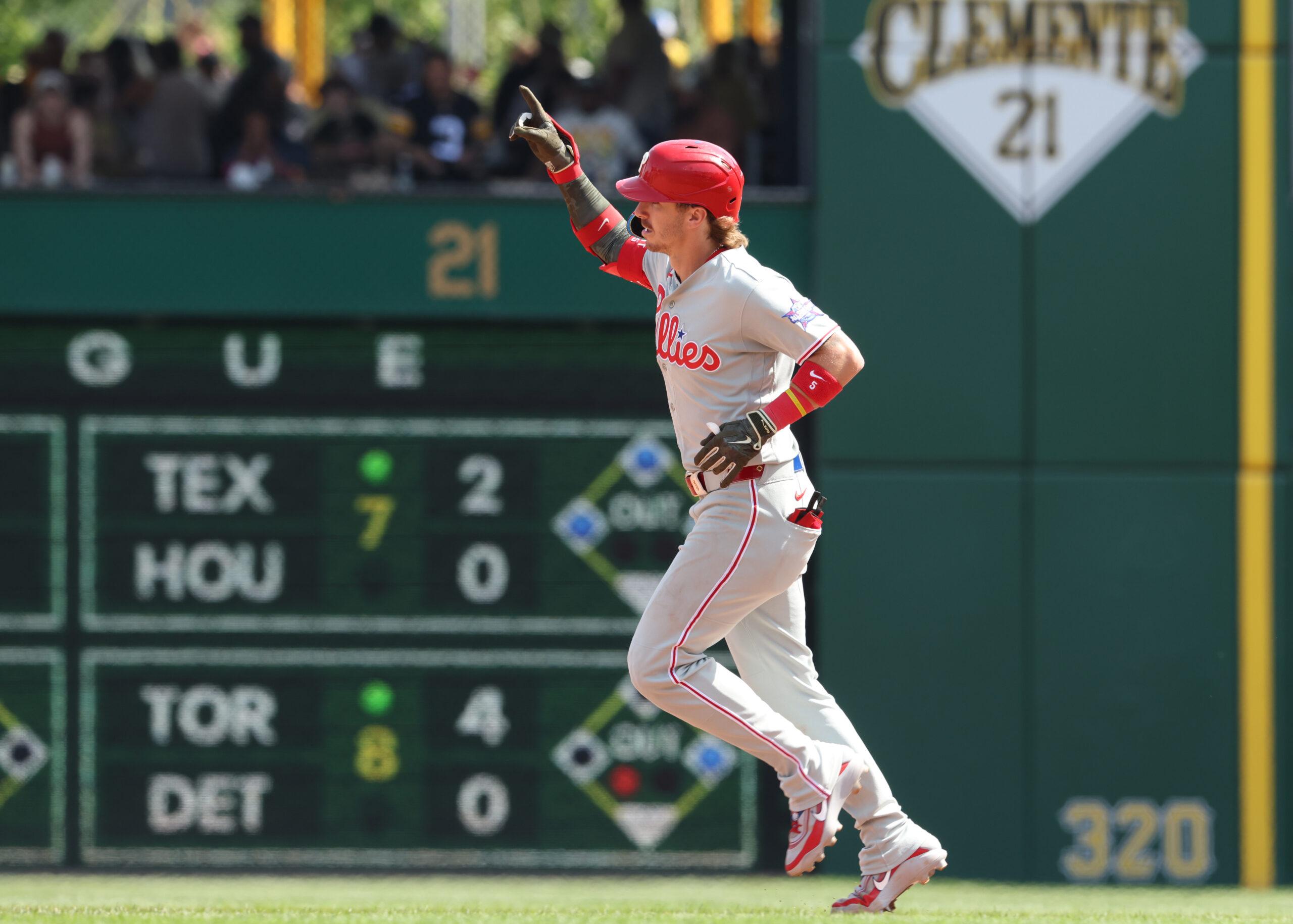 May 17, 2026; Pittsburgh, Pennsylvania, USA; Philadelphia Phillies second baseman Bryson Stott (5) gestures as he circles the bases on a solo home run against the Pittsburgh Pirates during the eighth inning at PNC Park. Mandatory Credit: Charles LeClaire-Imagn Images