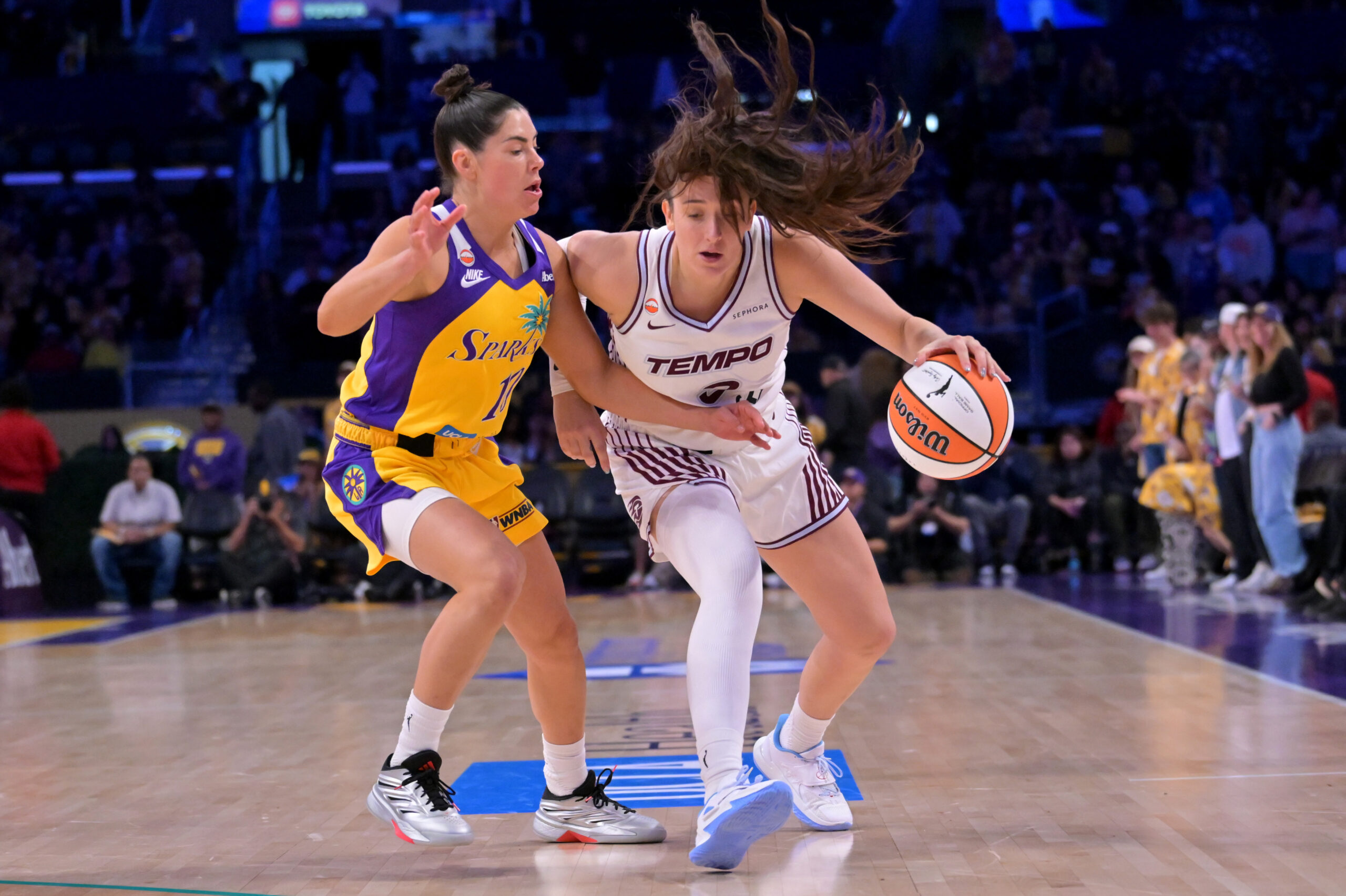May 17, 2026; Los Angeles, California, USA;  Los Angeles Sparks guard Kelsey Plum (10) defends Toronto Tempo guard Marina Mabrey (3) during the first half at Crypto.com Arena. Mandatory Credit: Jayne Kamin-Oncea-Imagn Images