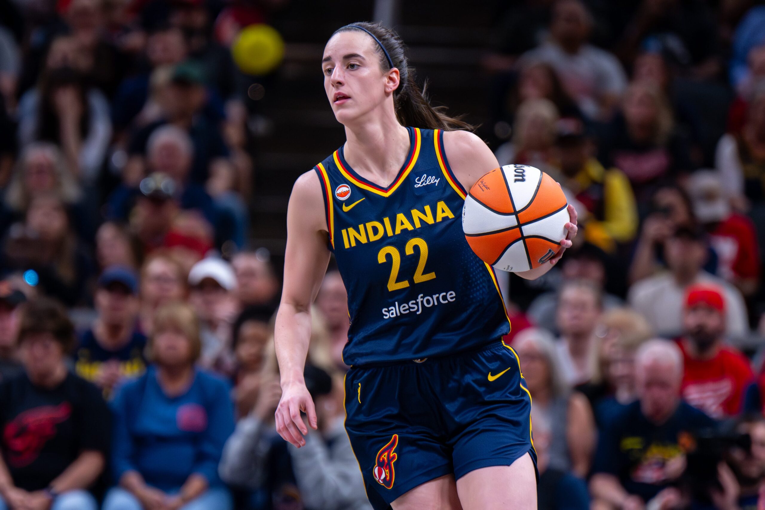 Indiana Fever guard Caitlin Clark (22) during the first half of an WNBA basketball game against the Seattle Storm, Sunday, May 17, 2026, at Gainbridge Fieldhouse.
