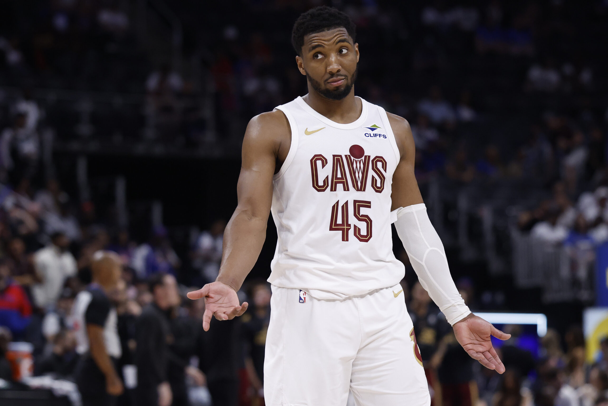 May 17, 2026; Detroit, Michigan, USA; Cleveland Cavaliers guard Donovan Mitchell (45) reacts during the second half against the Detroit Pistons during game seven of the second round of the 2026 NBA Playoffs at Little Caesars Arena. Mandatory Credit: Rick Osentoski-Imagn Images
