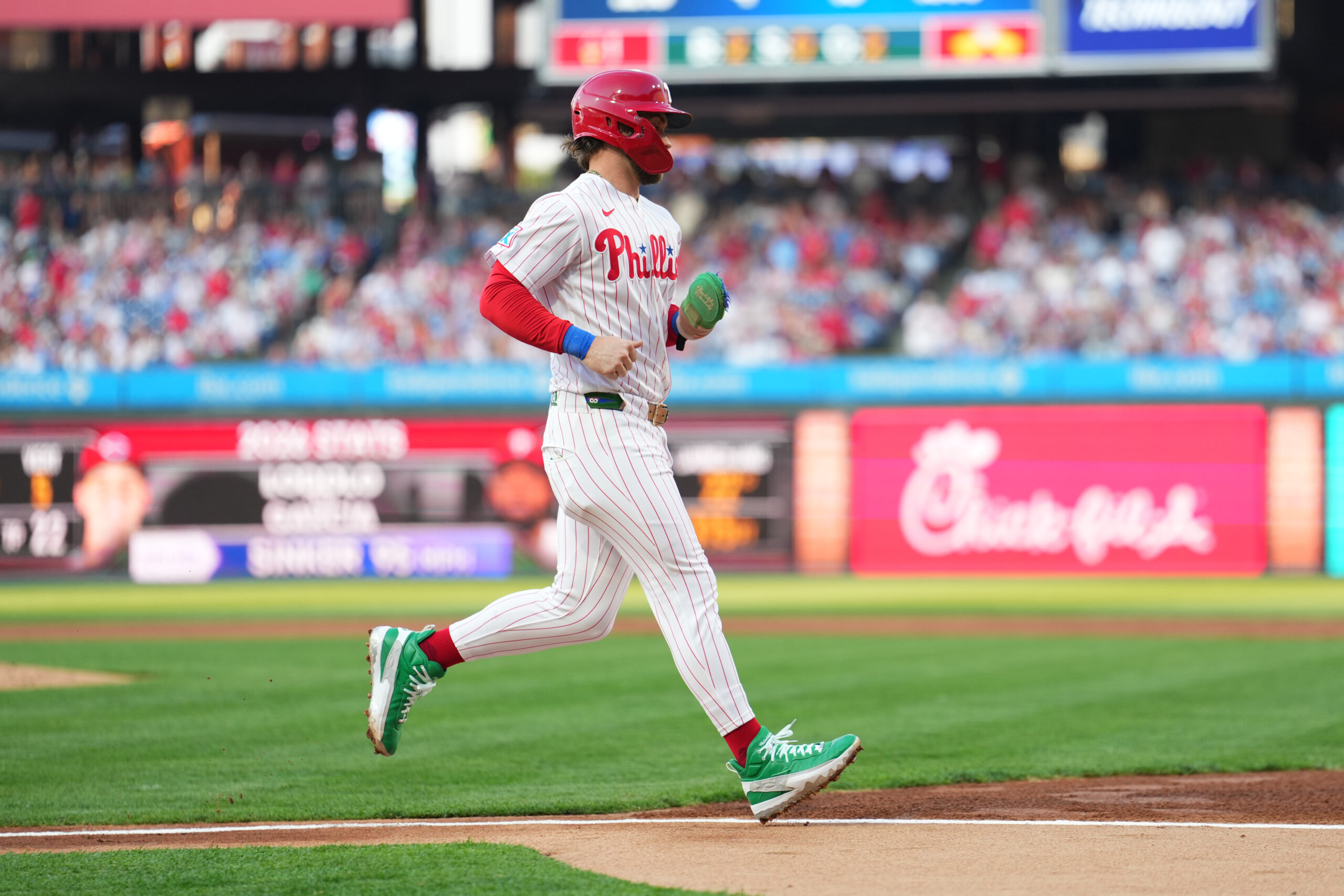 May 18, 2026; Philadelphia, Pennsylvania, USA; Philadelphia Phillies infielder Bryce Harper (3) advances home to score against the Cincinnati Reds in the first inning at Citizens Bank Park. Mandatory Credit: Kyle Ross-Imagn Images