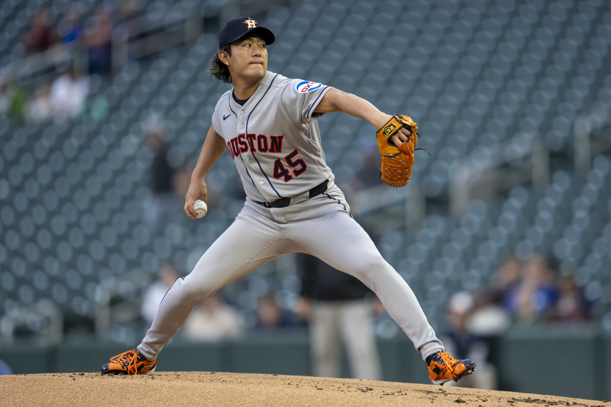May 18, 2026; Minneapolis, Minnesota, USA; Houston Astros starting pitcher Tatsuya Imai (45) delivers a pitch against the Minnesota Twins in the first inning at Target Field. Mandatory Credit: Jesse Johnson-Imagn Images