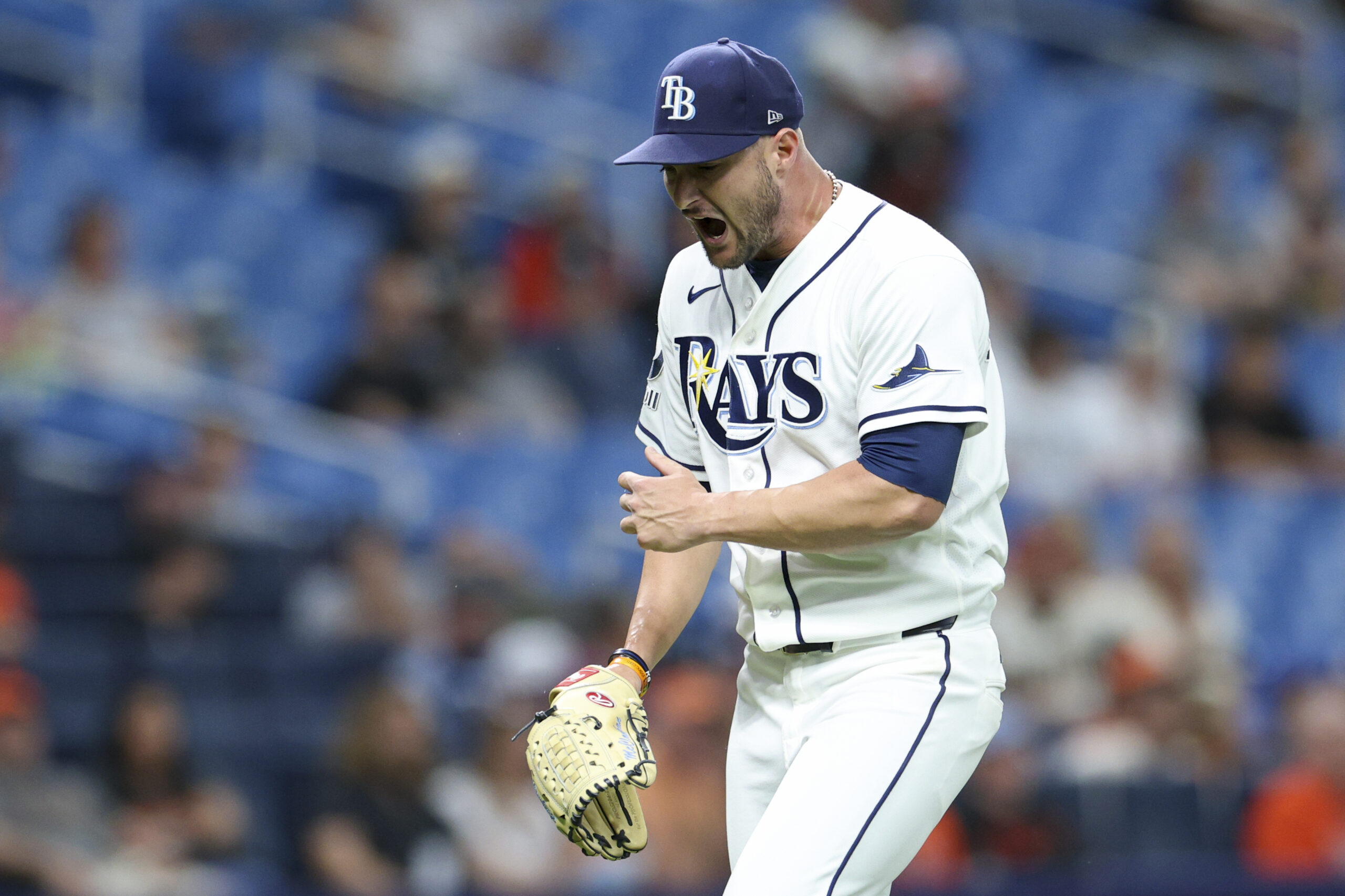 May 18, 2026; St. Petersburg, Florida, USA; Tampa Bay Rays starting pitcher Shane McClanahan (18) reacts after pitching against the Baltimore Orioles in the third inning at Tropicana Field. Mandatory Credit: Nathan Ray Seebeck-Imagn Images