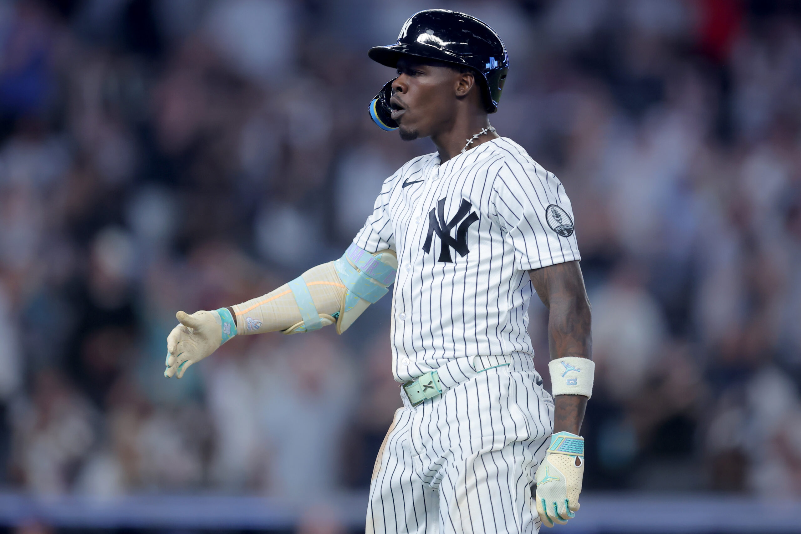 May 18, 2026; Bronx, New York, USA; New York Yankees second baseman Jazz Chisholm Jr. (13) reacts as he runs up the first base line after hitting a two run home run against the Toronto Blue Jays during the seventh inning at Yankee Stadium. Mandatory Credit: Brad Penner-Imagn Images