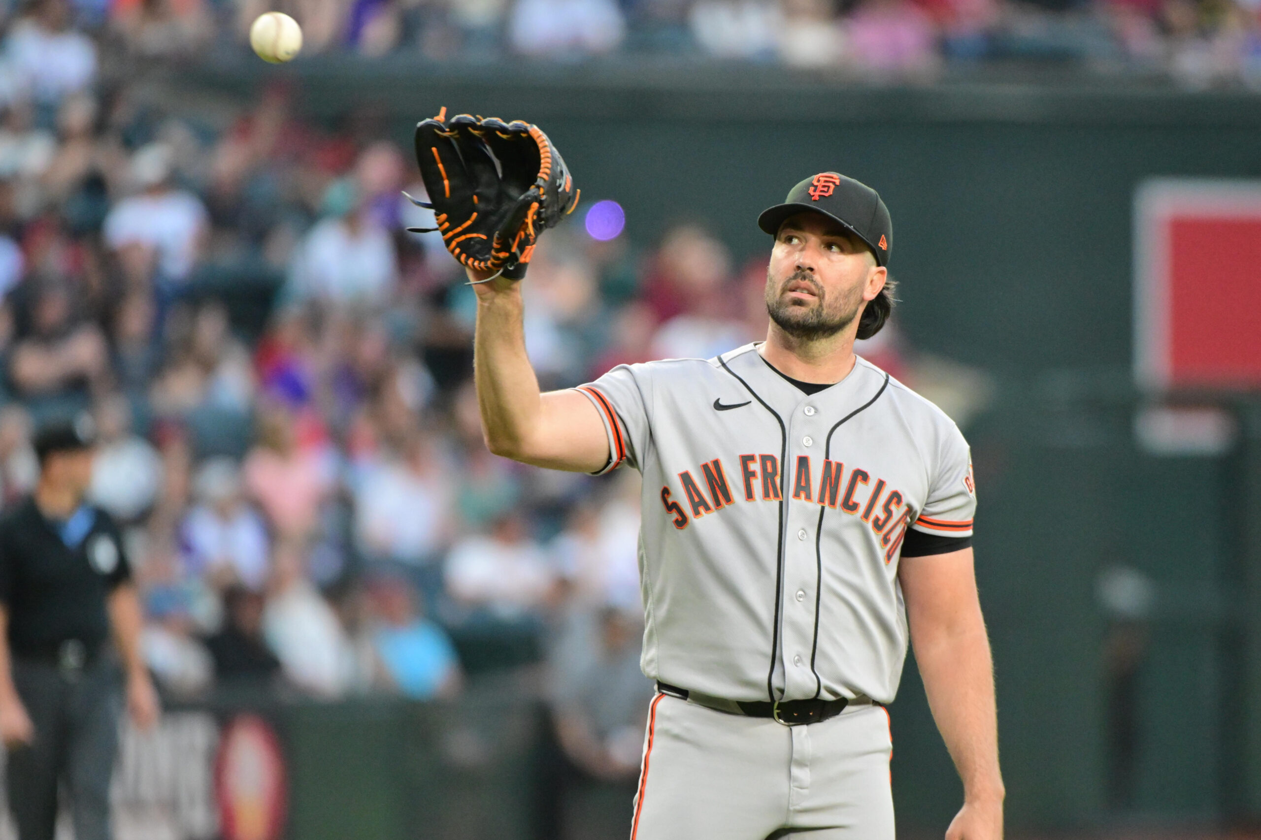 May 18, 2026; Phoenix, Arizona, USA; San Francisco Giants pitcher Robbie Ray (38) looks on in the second inning against the Arizona Diamondbacks at Chase Field. Mandatory Credit: Matt Kartozian-Imagn Images