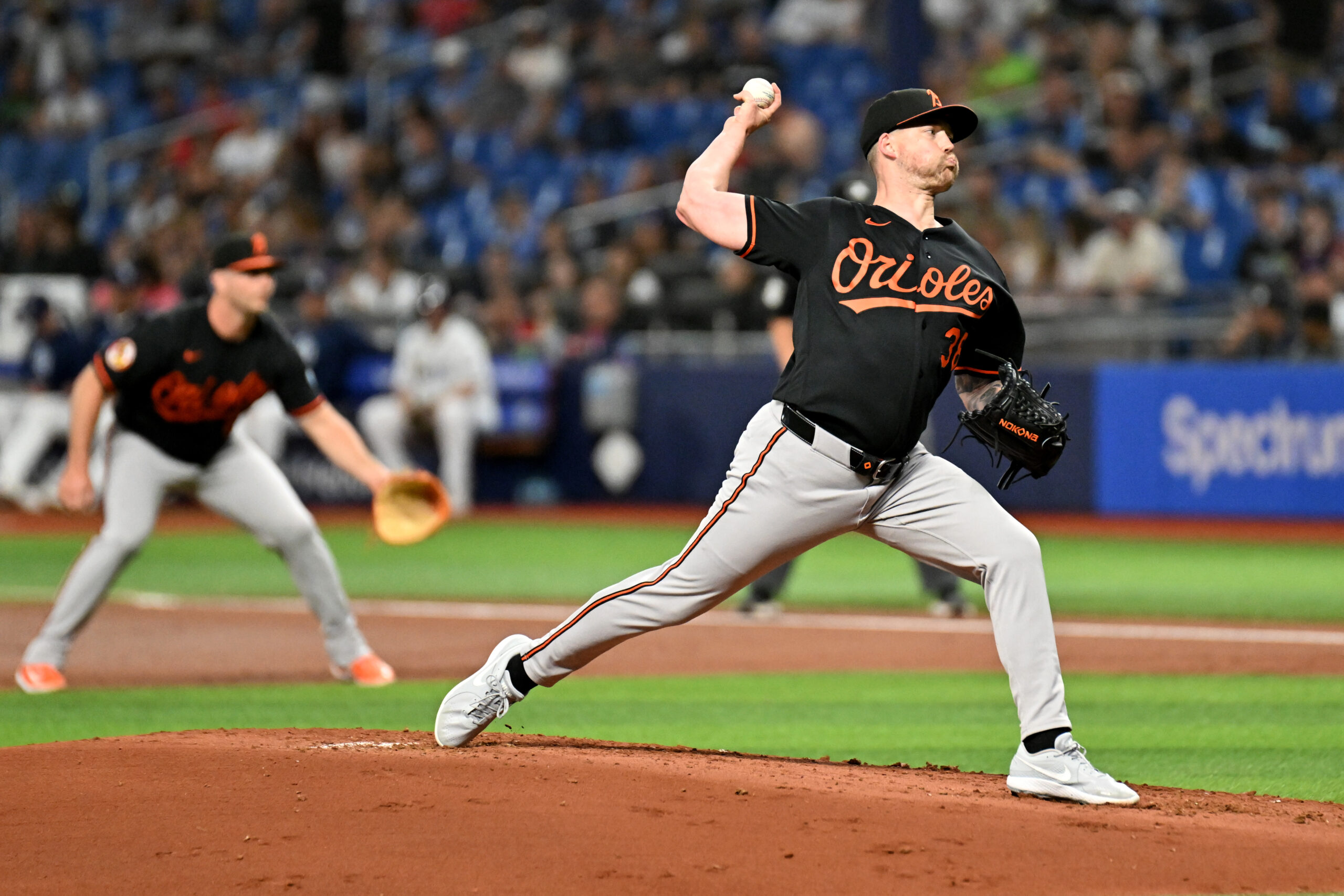 May 19, 2026; St. Petersburg, Florida, USA; Baltimore Orioles starting pitcher Kyle Bradish (38) throws a pitch in the first inning against the Tampa Bay Rays at Tropicana Field. Mandatory Credit: Jonathan Dyer-Imagn Images