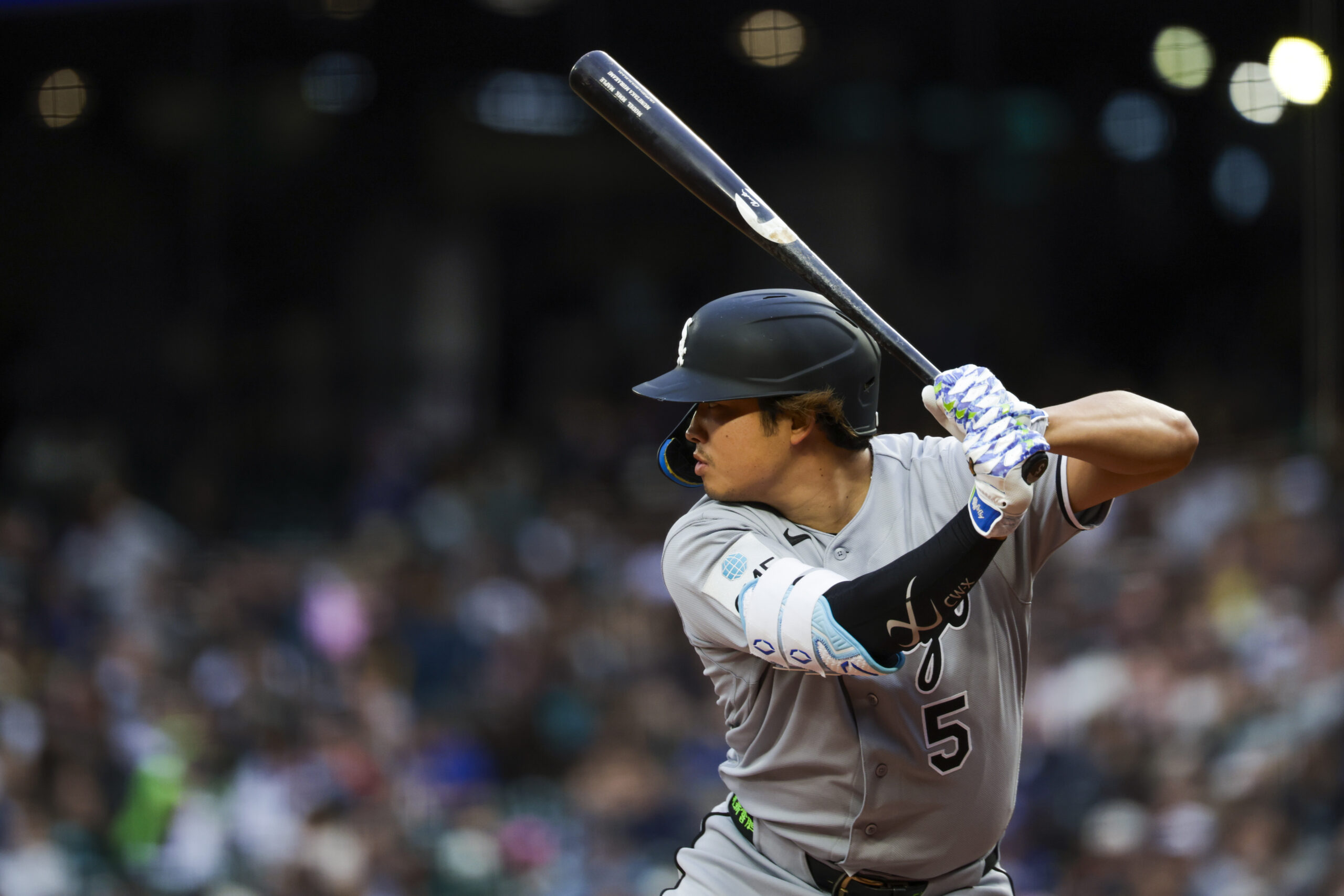May 19, 2026; Seattle, Washington, USA; Chicago White Sox first baseman Munetaka Murakami (5) waits for a pitch against the Seattle Mariners during the fourth inning at T-Mobile Park. Mandatory Credit: Joe Nicholson-Imagn Images