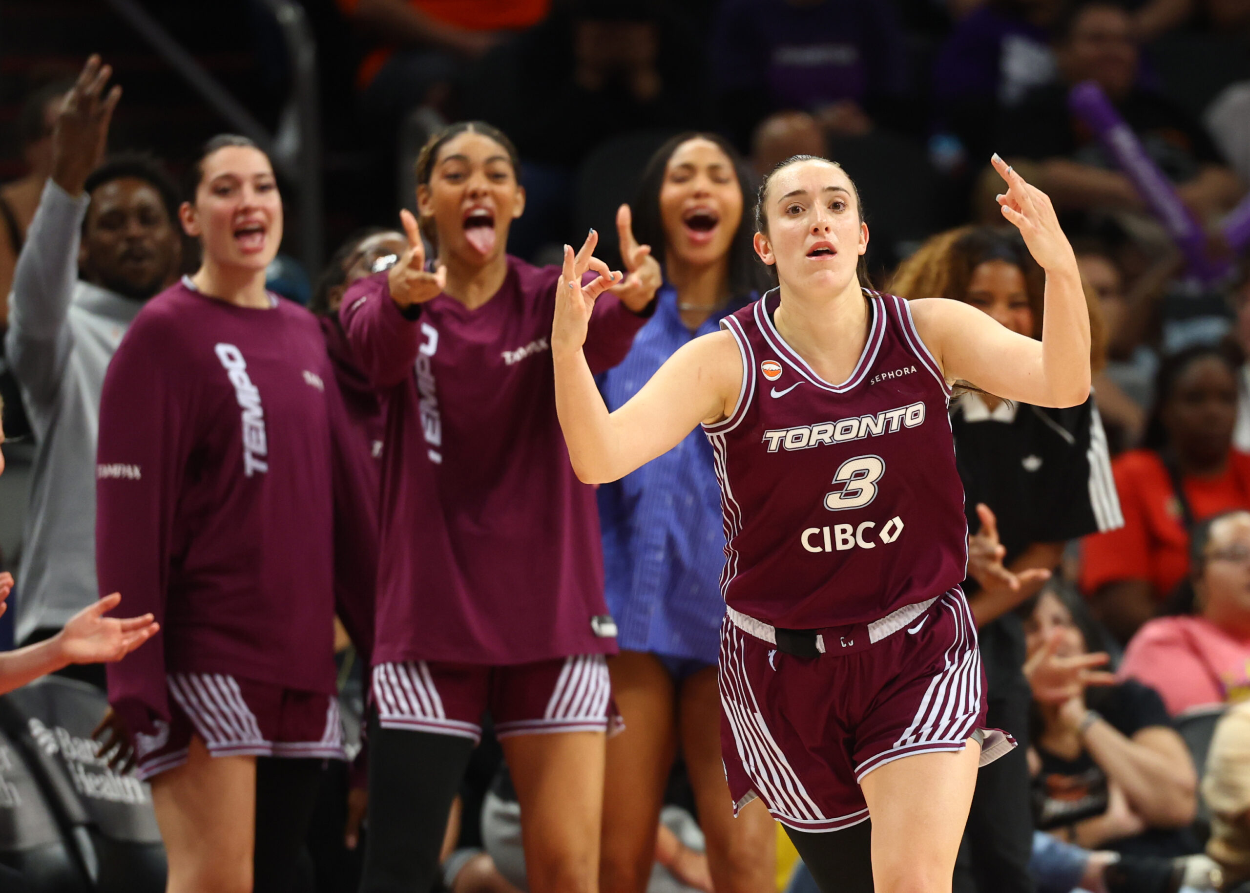 May 19, 2026; Phoenix, Arizona, USA; Toronto Tempo guard Marina Mabrey (3) celebrates a three point shot against the Phoenix Mercury in the second half at Mortgage Matchup Center. Mandatory Credit: Mark J. Rebilas-Imagn Images