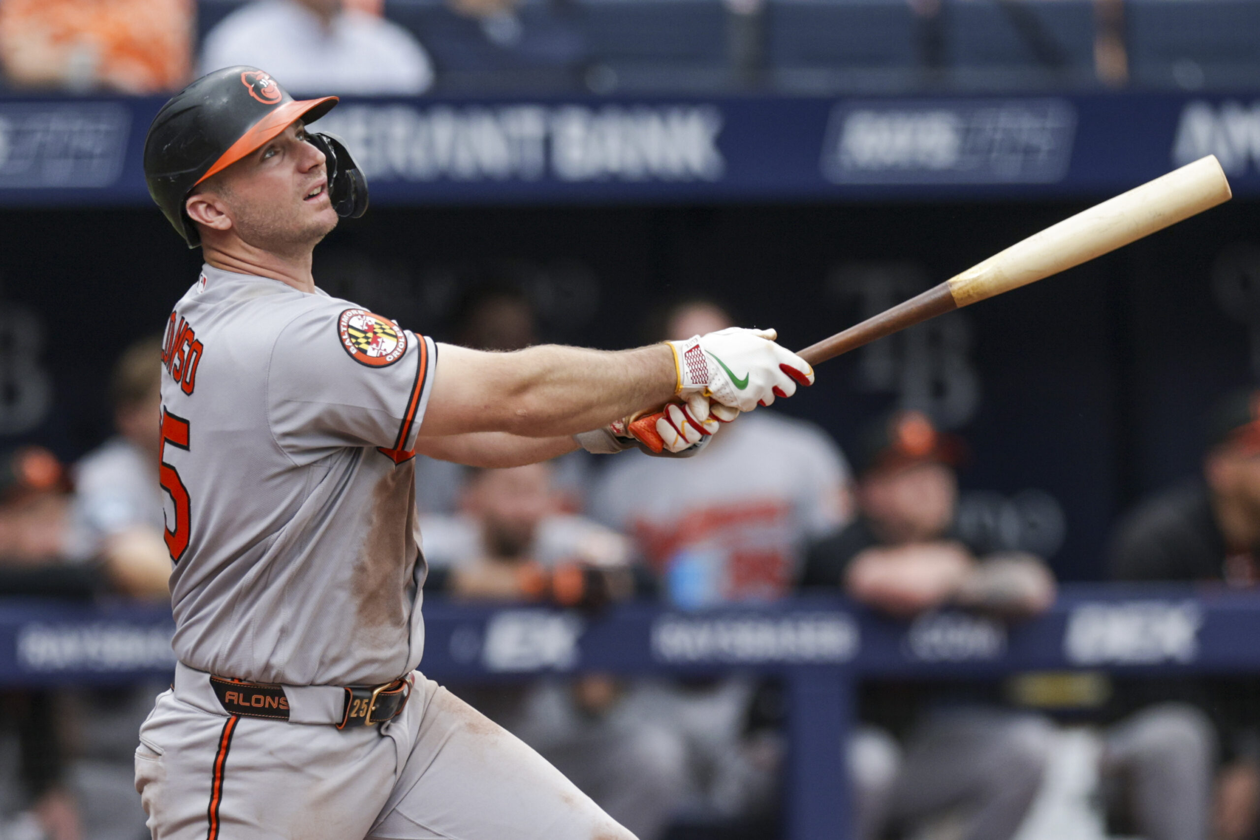 May 20, 2026; St. Petersburg, Florida, USA; Baltimore Orioles first baseman Pete Alonso (25) hits a home run against the Tampa Bay Rays in the sixth inning at Tropicana Field. Mandatory Credit: Nathan Ray Seebeck-Imagn Images