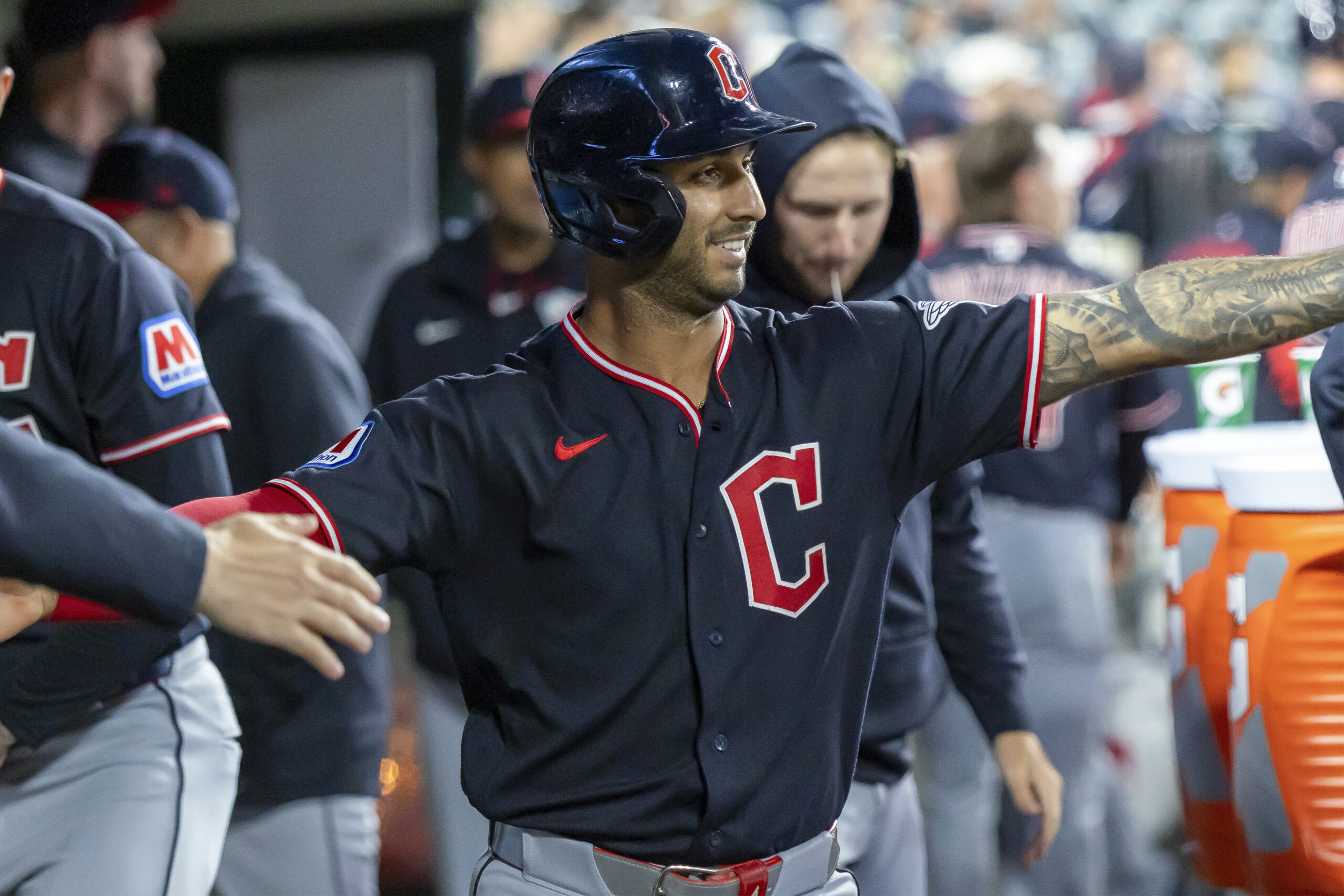 May 20, 2026; Detroit, Michigan, USA; Cleveland Guardians shortstop Brayan Rocchio (4) scores on a triple by left fielder Angel Martinez (not pictured) during the tenth inning at Comerica Park. Mandatory Credit: David Reginek-Imagn Images
