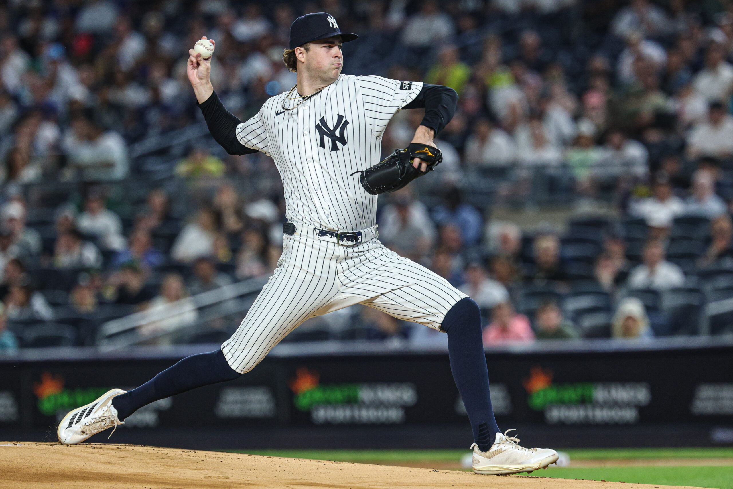 May 20, 2026; Bronx, New York, USA; New York Yankees pitcher Cam Schlittler (31) delivers a pitch during the first inning against the Toronto Blue Jays at Yankee Stadium. Mandatory Credit: Vincent Carchietta-Imagn Images