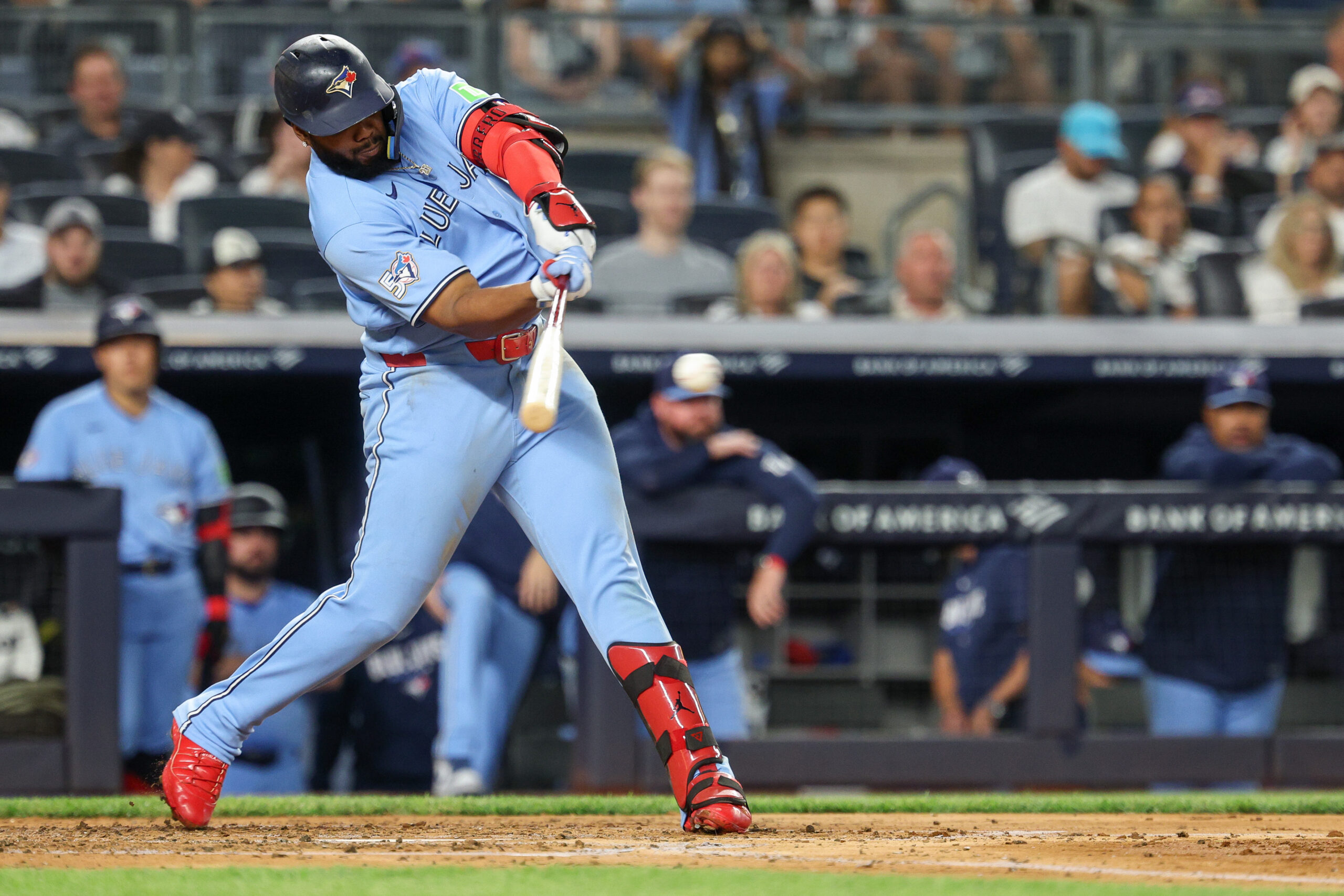 May 20, 2026; Bronx, New York, USA; Toronto Blue Jays first baseman Vladimir Guerrero Jr. (27) singles during the fourth inning against the New York Yankees at Yankee Stadium. Mandatory Credit: Vincent Carchietta-Imagn Images