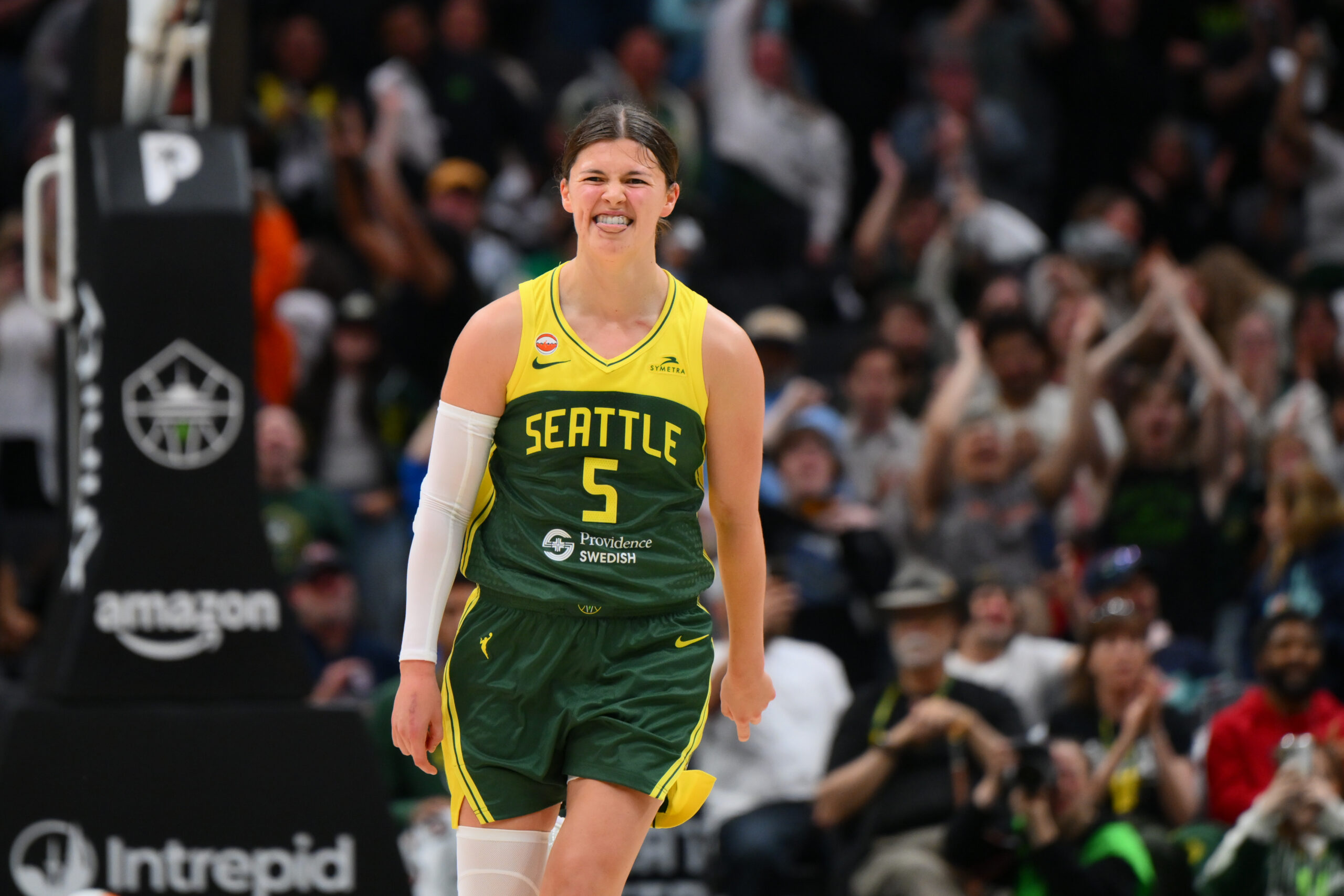May 20, 2026; Seattle, Washington, USA; Seattle Storm guard Jade Melbourne (5) celebrates after scoring a basket against the Connecticut Sun during the second half at Climate Pledge Arena. Mandatory Credit: Steven Bisig-Imagn Images