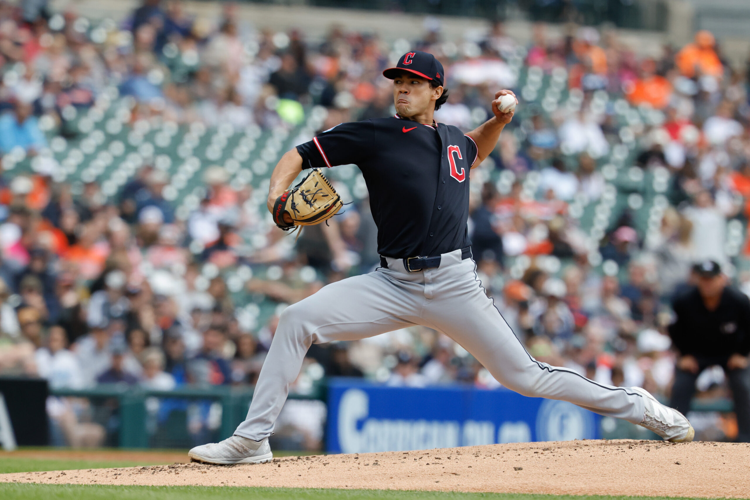 May 21, 2026; Detroit, Michigan, USA;  Cleveland Guardians pitcher Joey Cantillo (54) pitches in the second inning against the Detroit Tigers at Comerica Park. Mandatory Credit: Rick Osentoski-Imagn Images