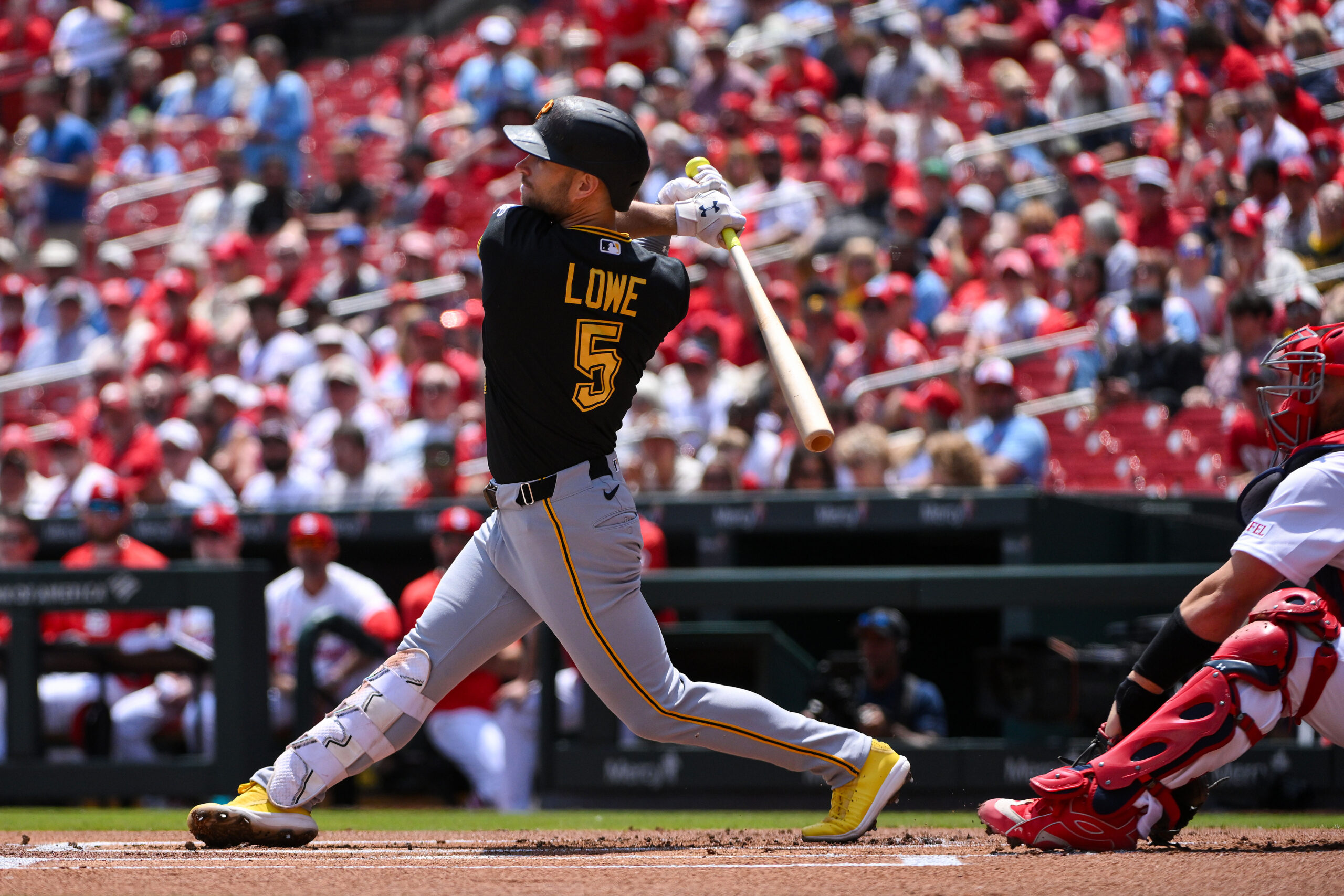 May 21, 2026; St. Louis, Missouri, USA; Pittsburgh Pirates second baseman Brandon Lowe (5) hits a solo home run against the St. Louis Cardinals during the first inning at Busch Stadium. Mandatory Credit: Jeff Curry-Imagn Images