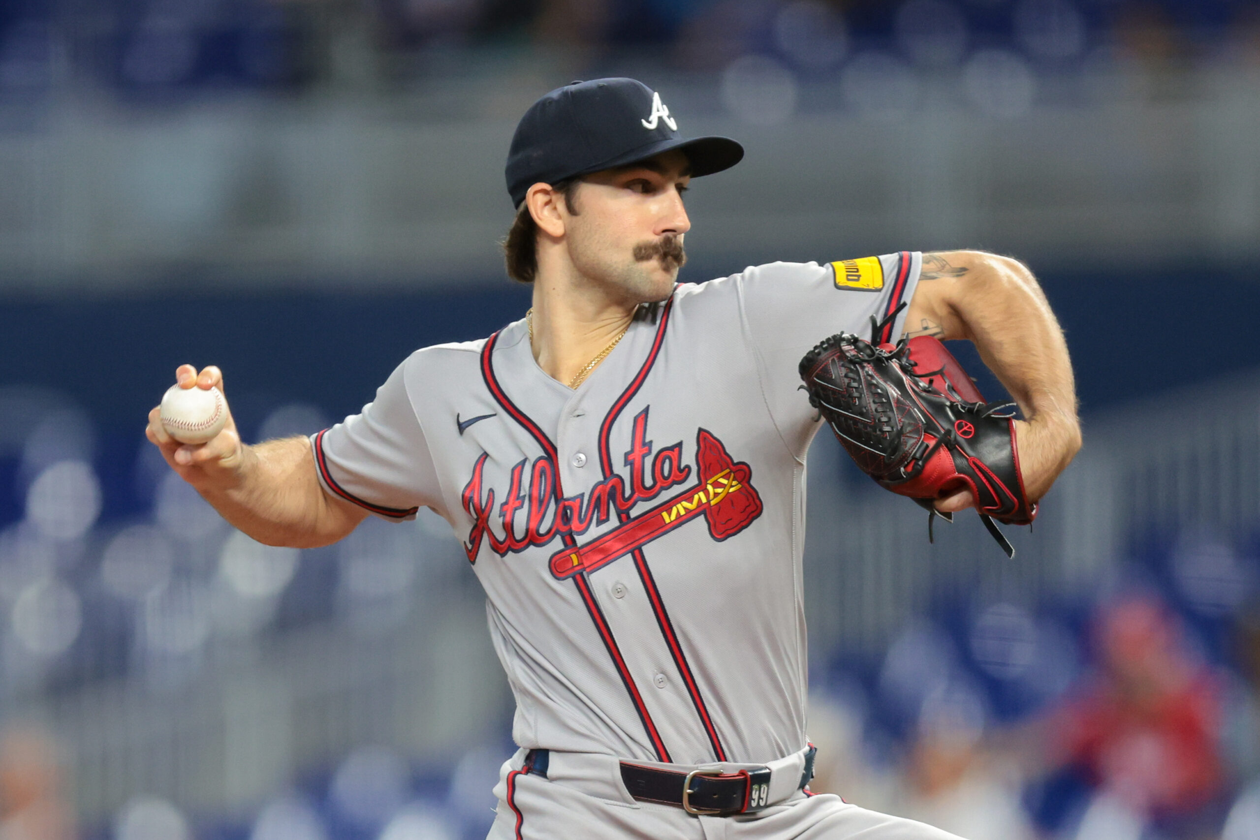 May 21, 2026; Miami, Florida, USA; Atlanta Braves starting pitcher Spencer Strider (99) delivers a pitch against the Miami Marlins during the first inning at loanDepot Park. Mandatory Credit: Sam Navarro-Imagn Images